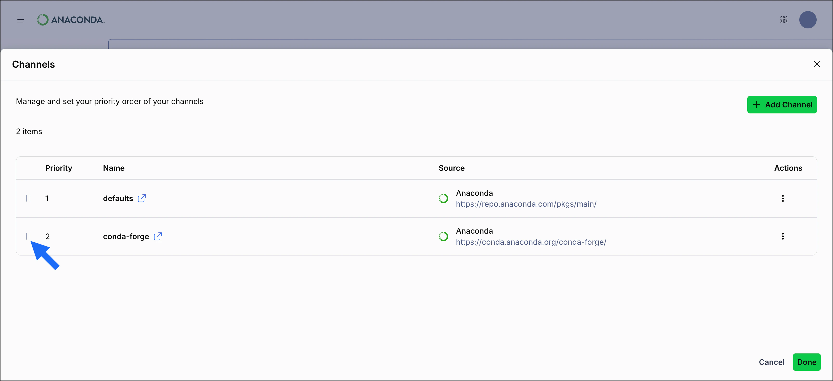 Drag and drop to reorder channels