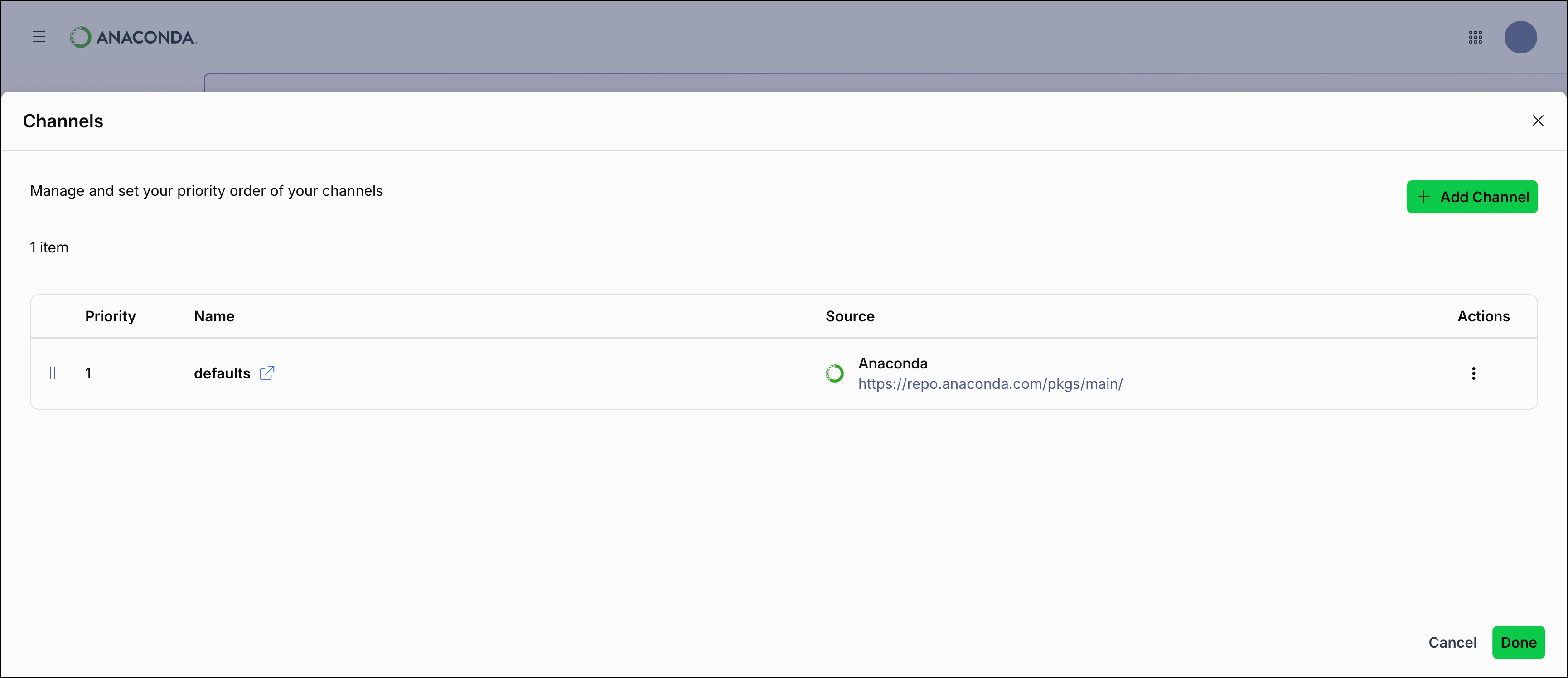 Channels page in Anaconda Desktop