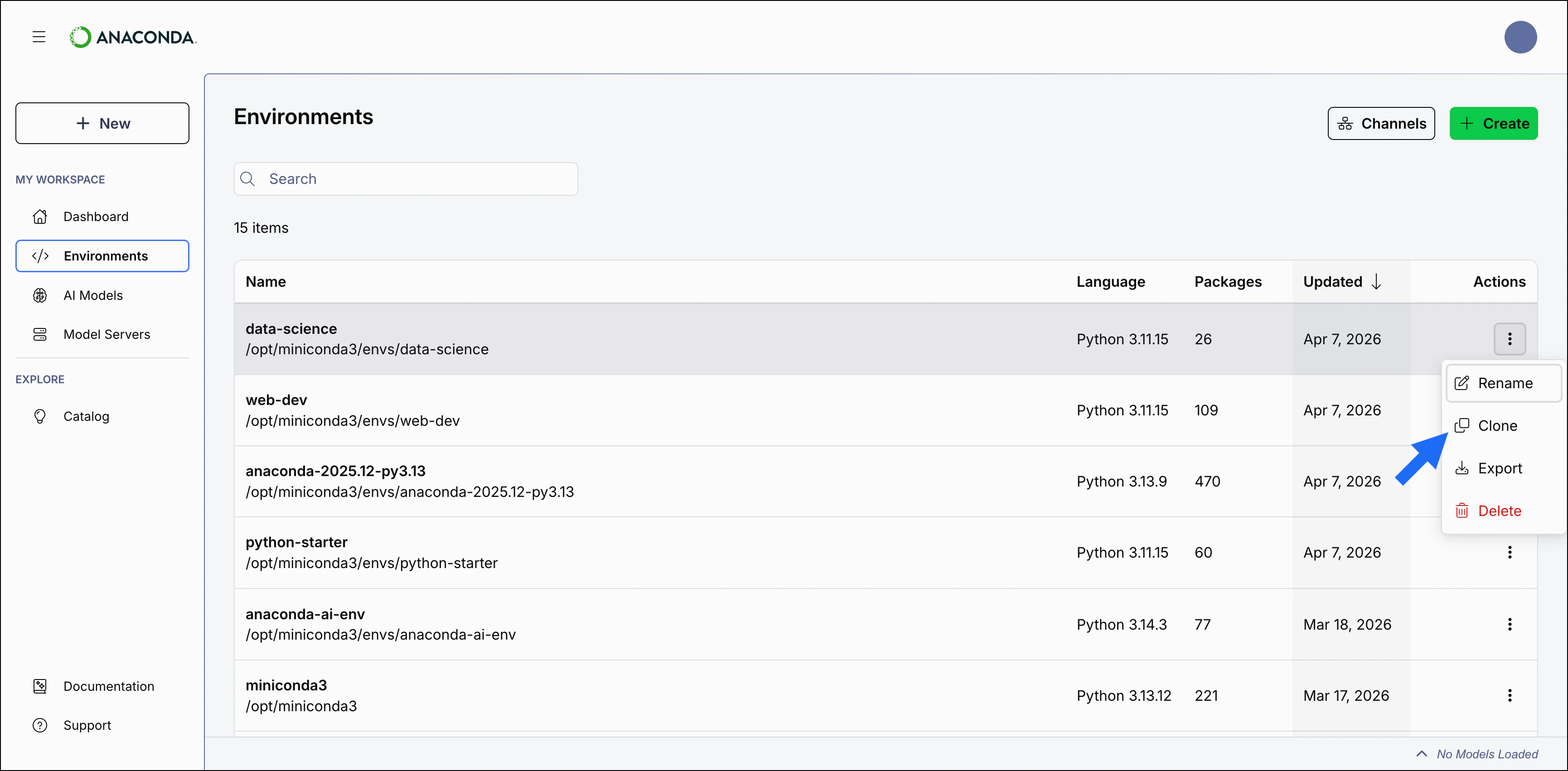 Anaconda Desktop showing the clone button in the actions dropdown for an environment