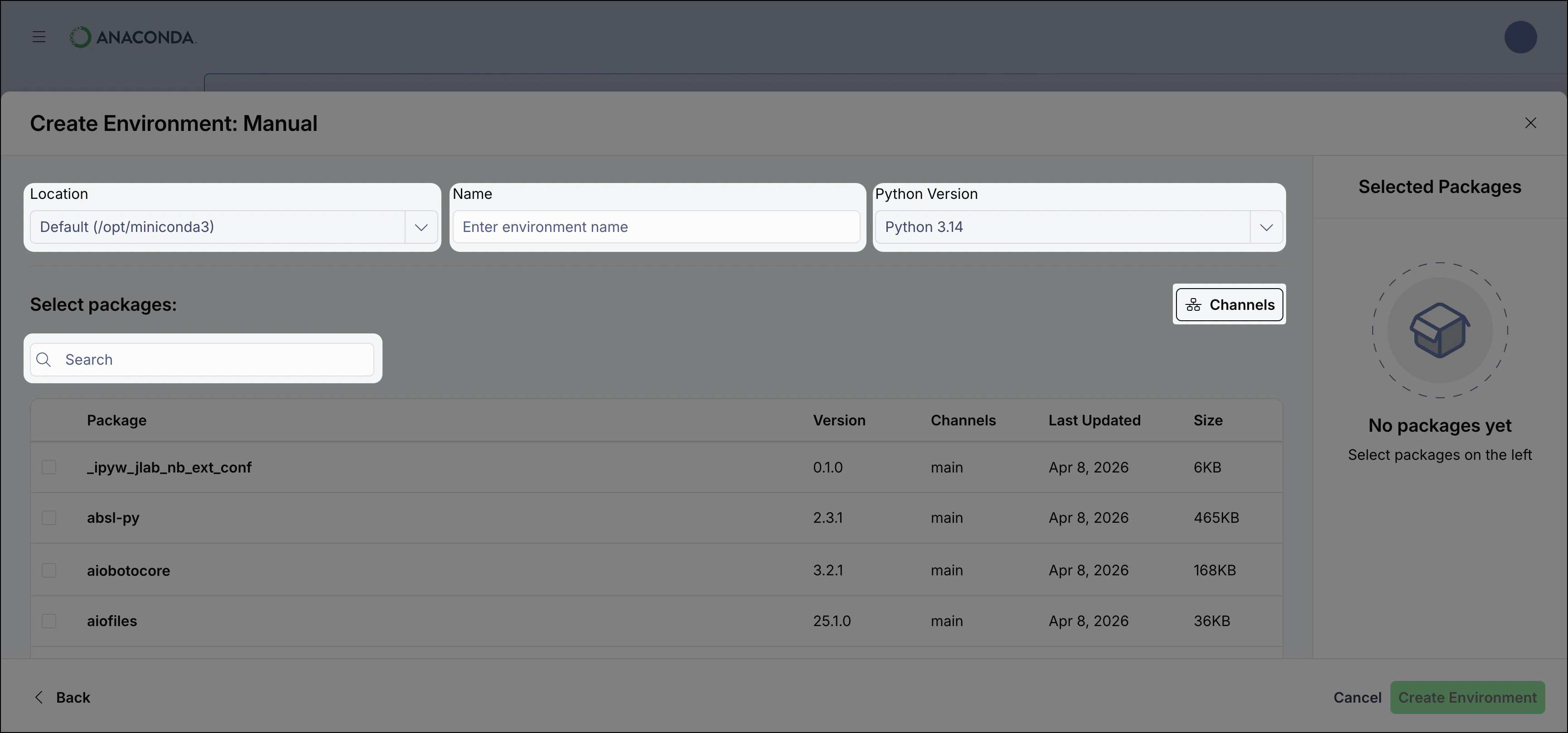 Desktop showing the environment configuration options