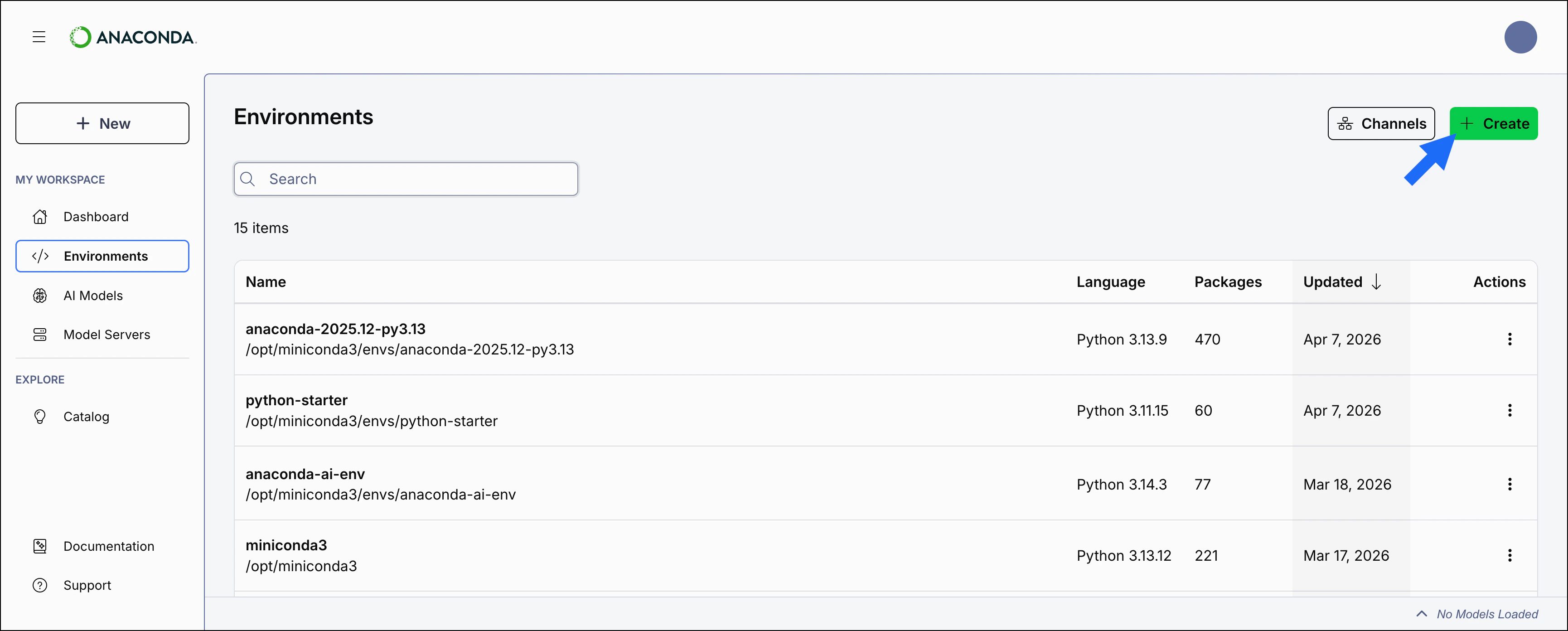 Anaconda Desktop showing the create button in the upper-right corner of the environments page