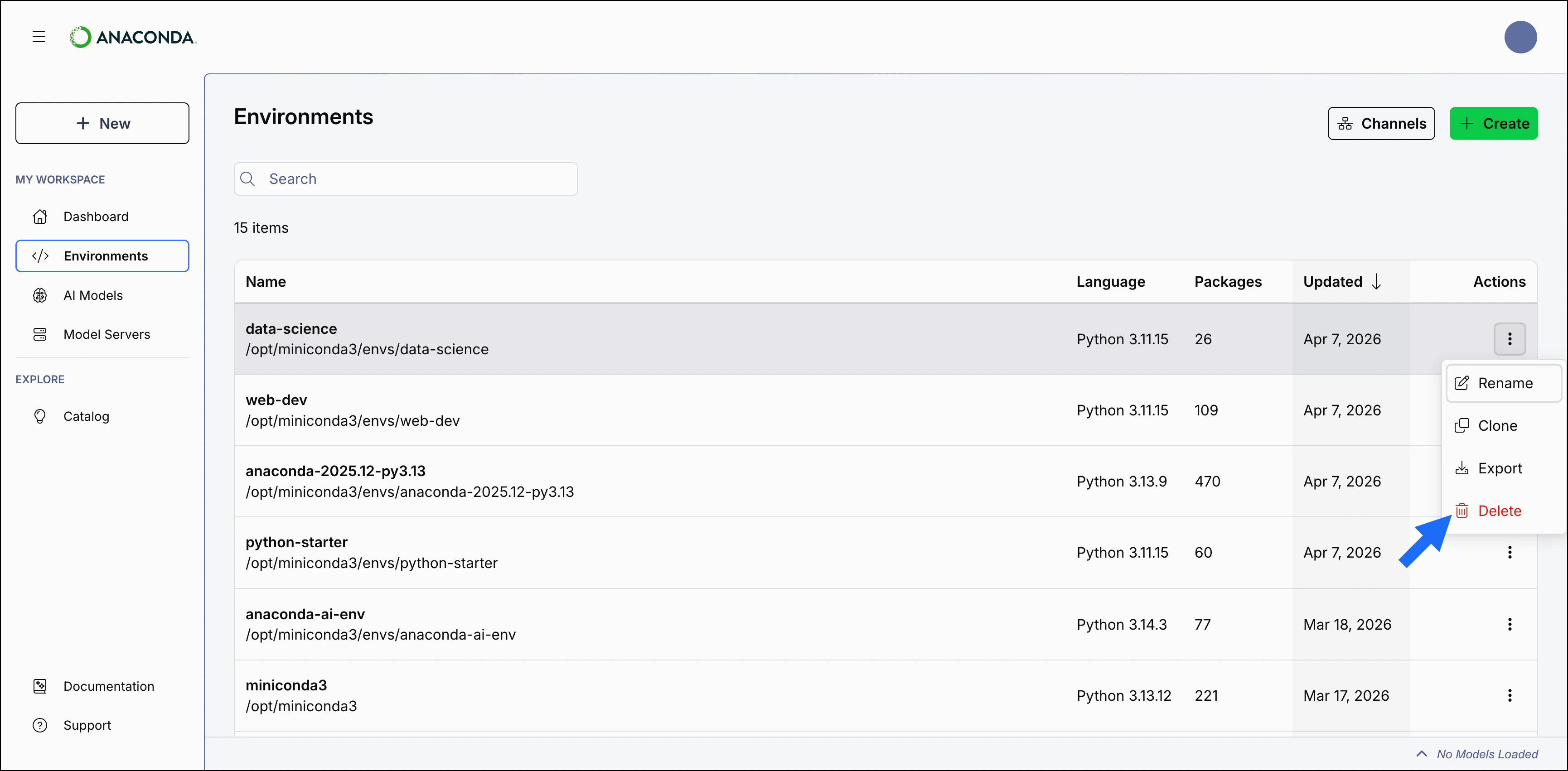Anaconda Desktop showing the delete button in the actions dropdown for an environment