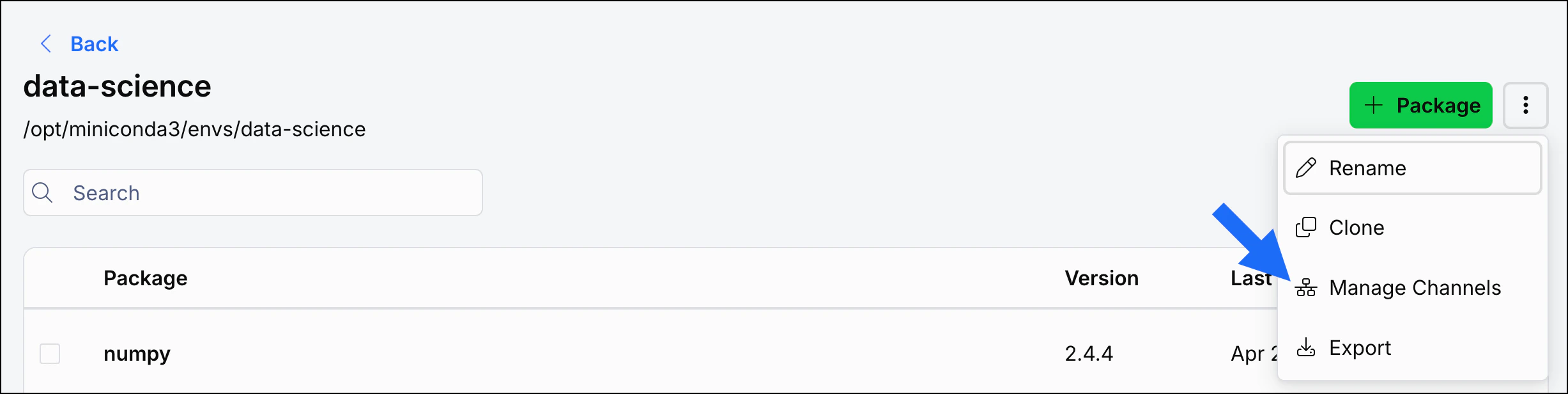 Channels button on the environment details page