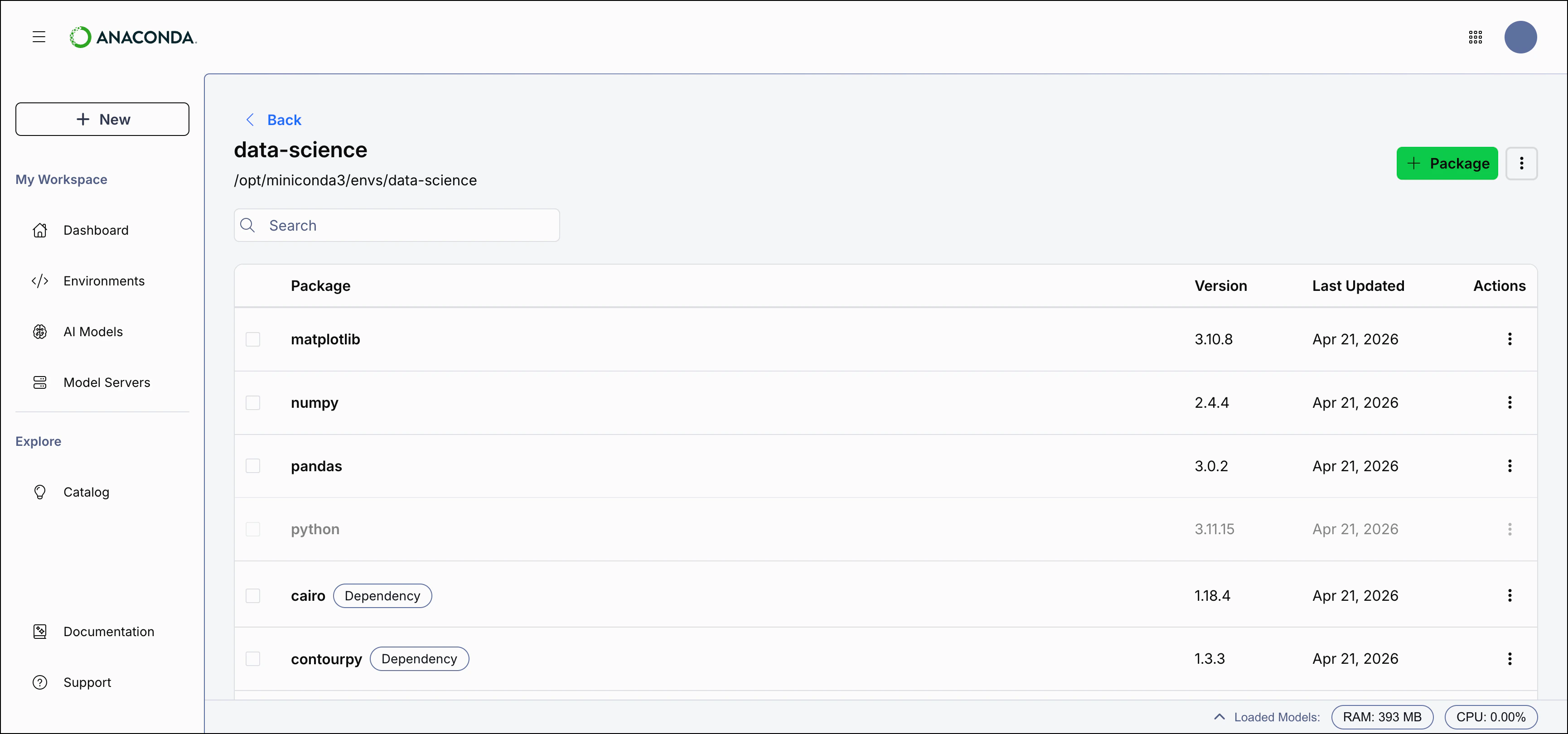 Anaconda Desktop showing the details page for an environment