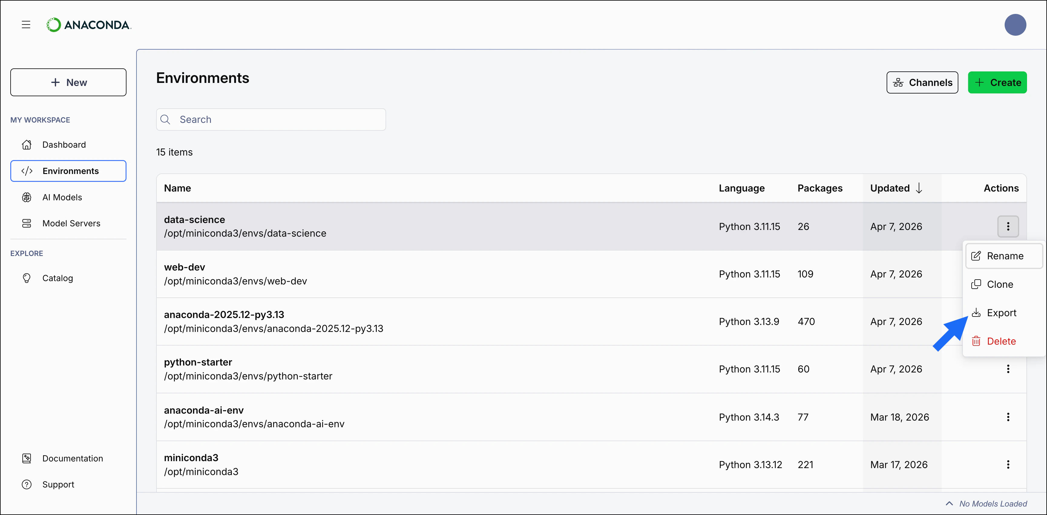 Anaconda Desktop showing the export button in the actions dropdown for an environment