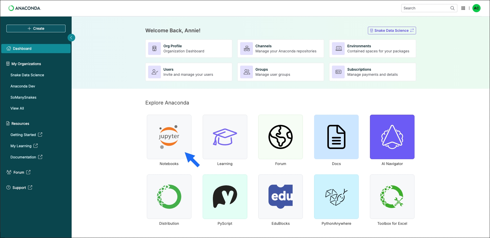 Anaconda Notebooks interface showing the launch screen with environment options and recent notebooks