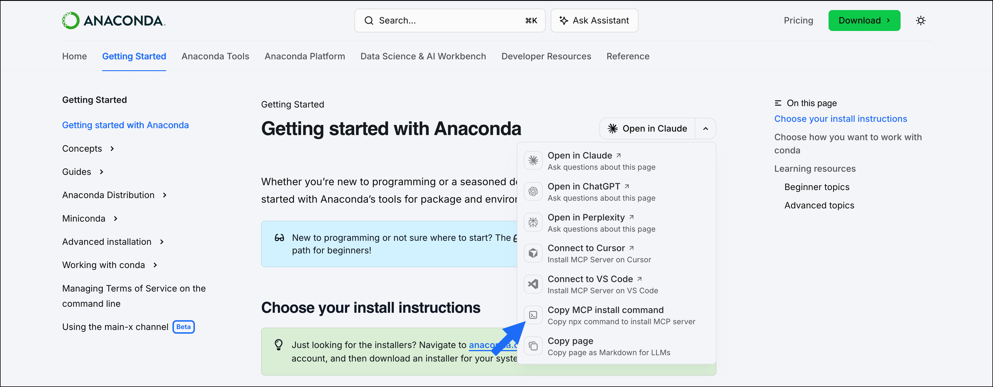 Copy MCP install command button in the contextual menu