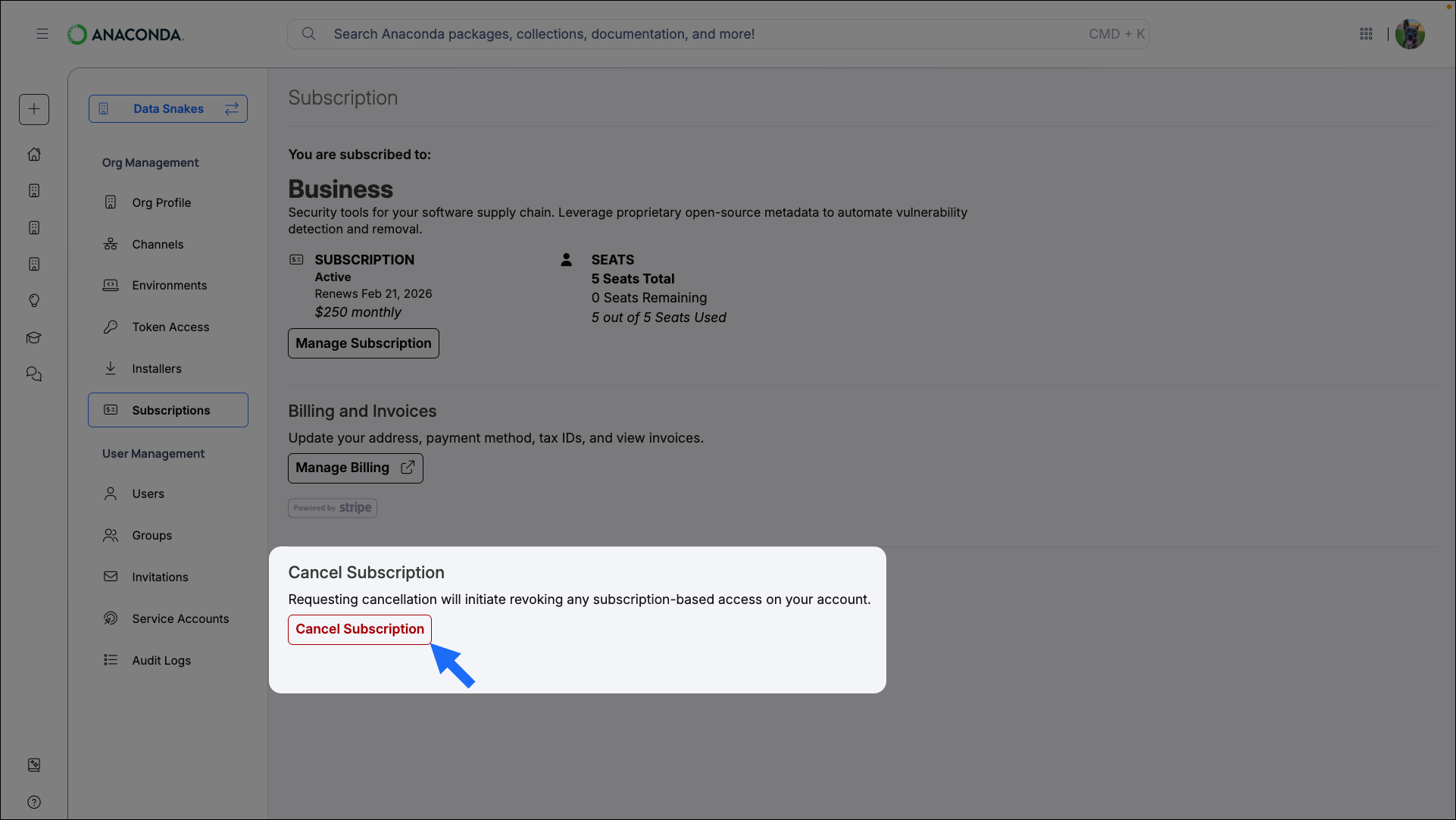 Organization subscriptions page cancel subscription link spotlight