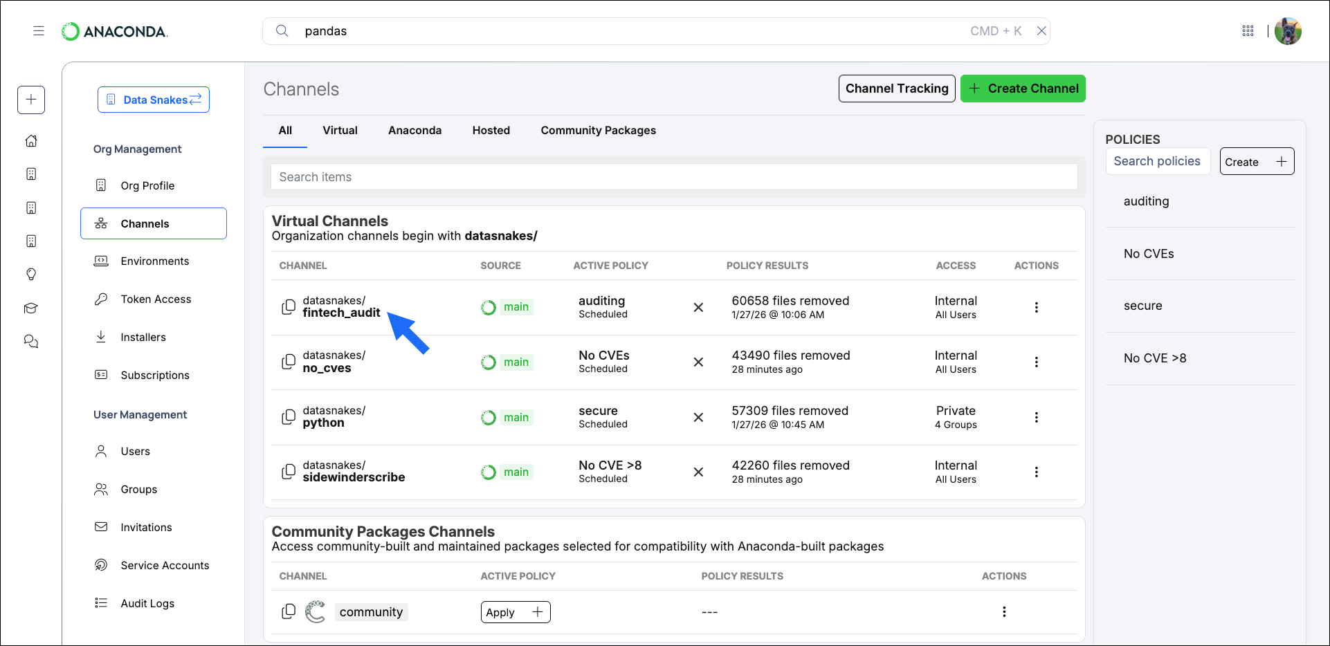 The channel details page with the package list spotlighted