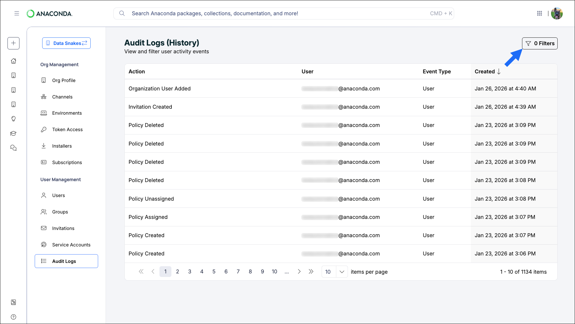 Audit log filter pane