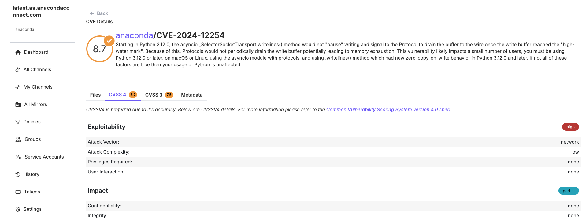 CVE details page showing the CVSS 4 tab with exploitability and impact metrics