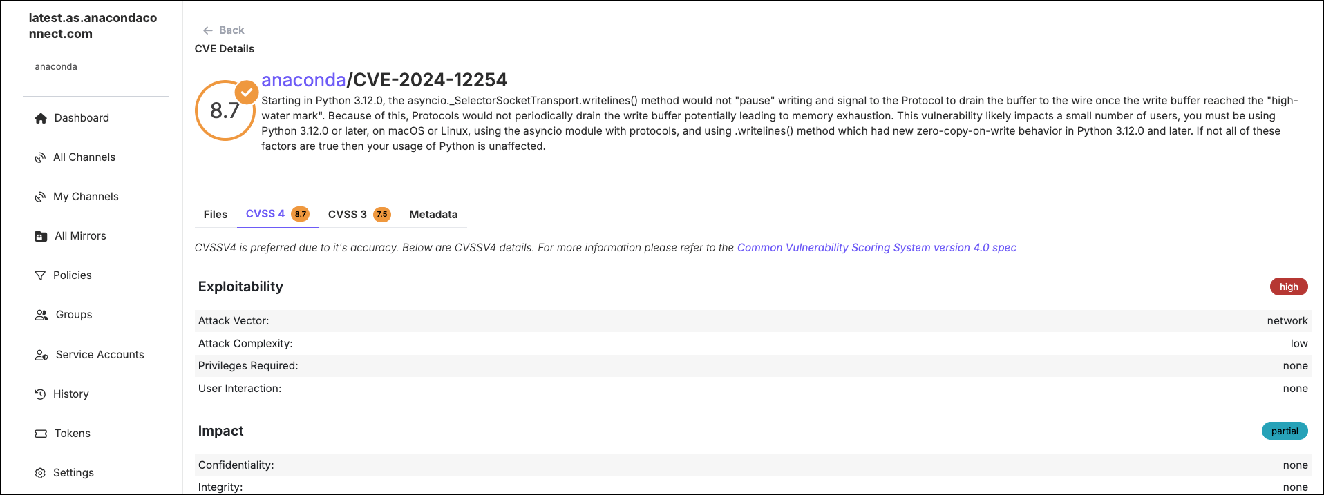 CVE details page showing the CVSS 4 tab with exploitability and impact metrics