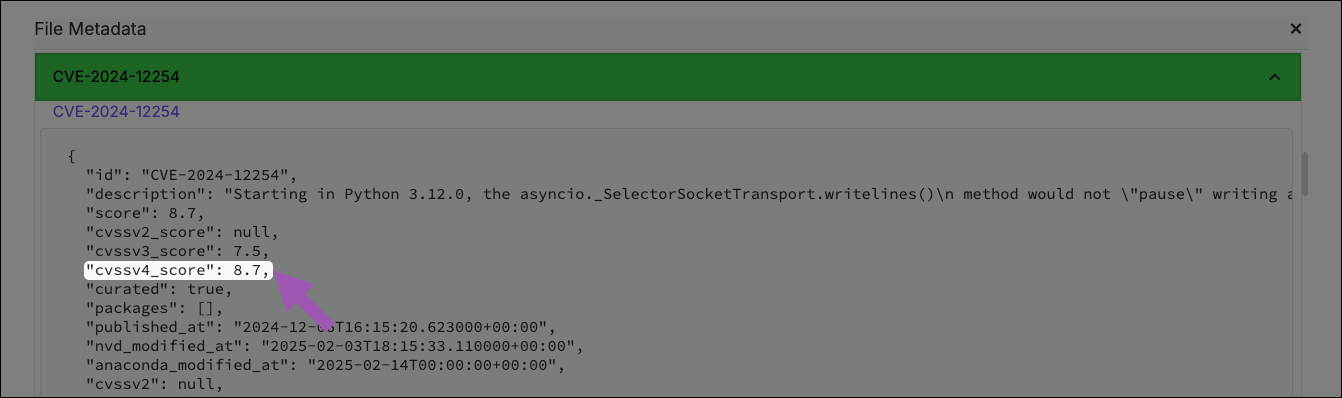 File Metadata dialog showing JSON metadata for a CVE with the cvssv4_score field highlighted