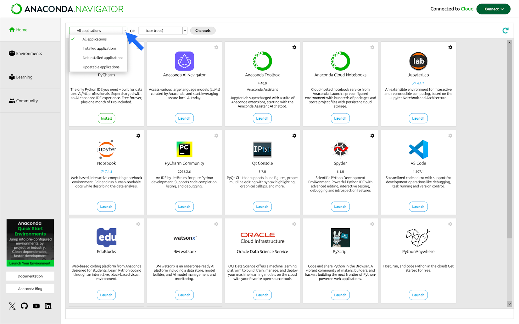 screenshot of the Anaconda Navigator page