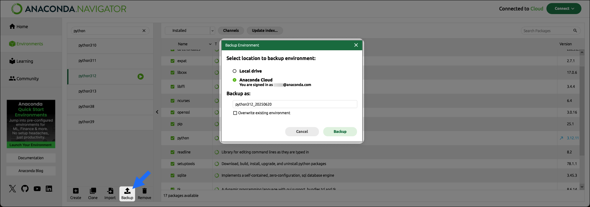 backing up an environment to Anaconda.com