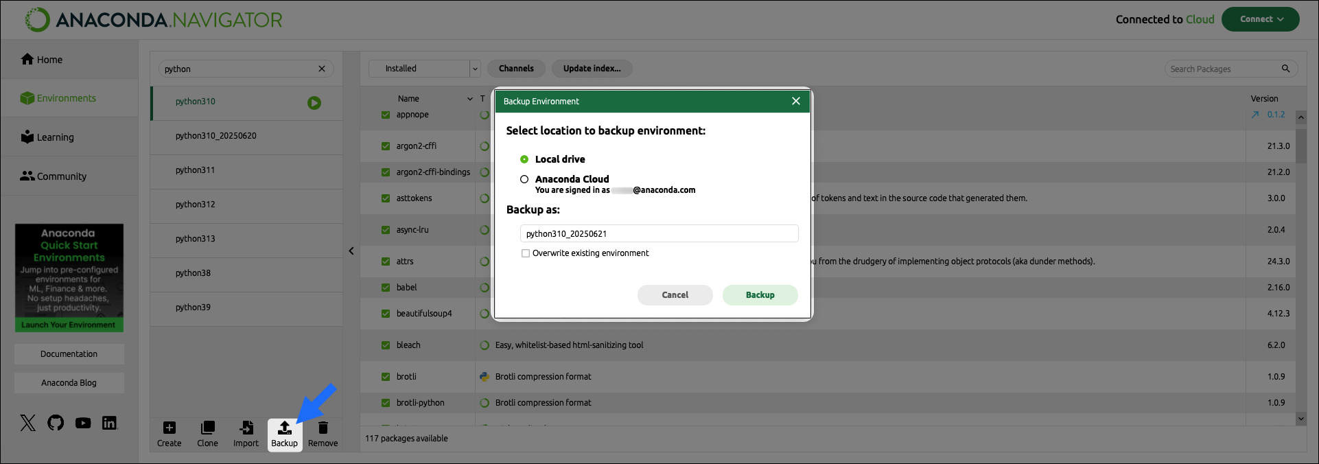 backing up an environment to your local drive