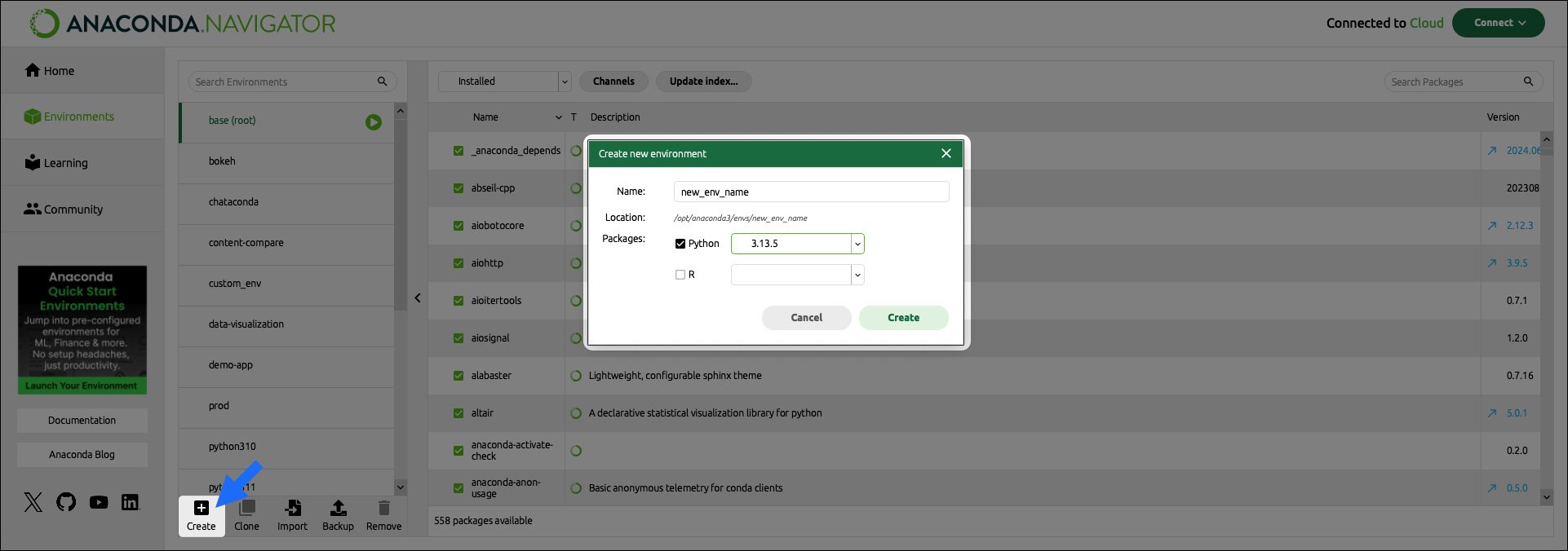 create new environment button and dialog