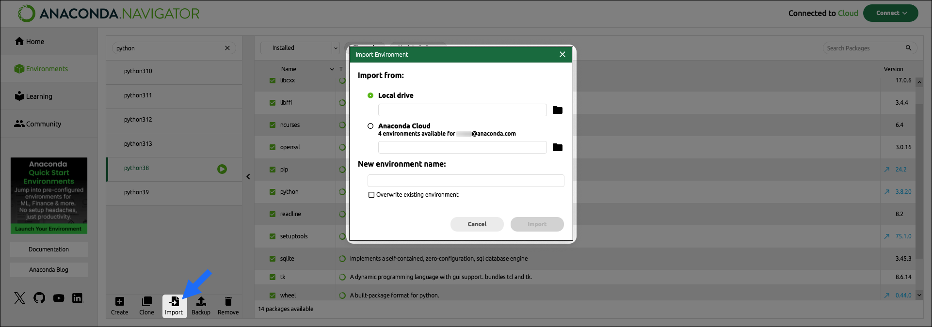 importing an environment from your local files
