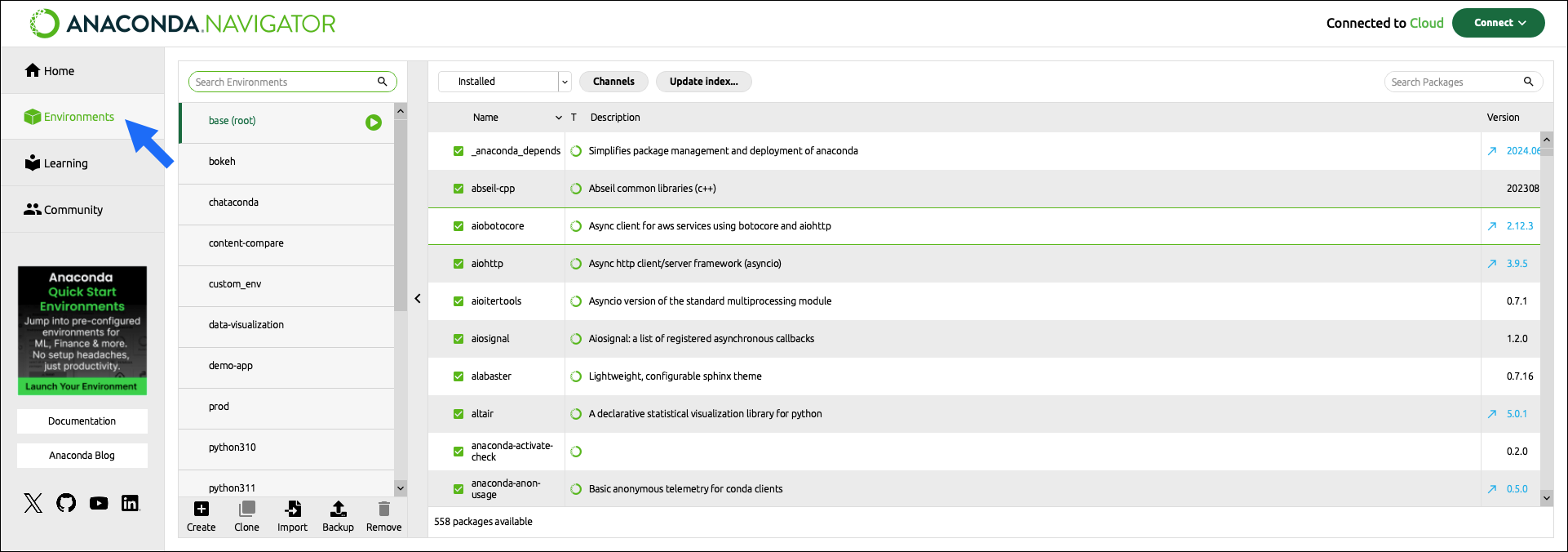 environments page button
