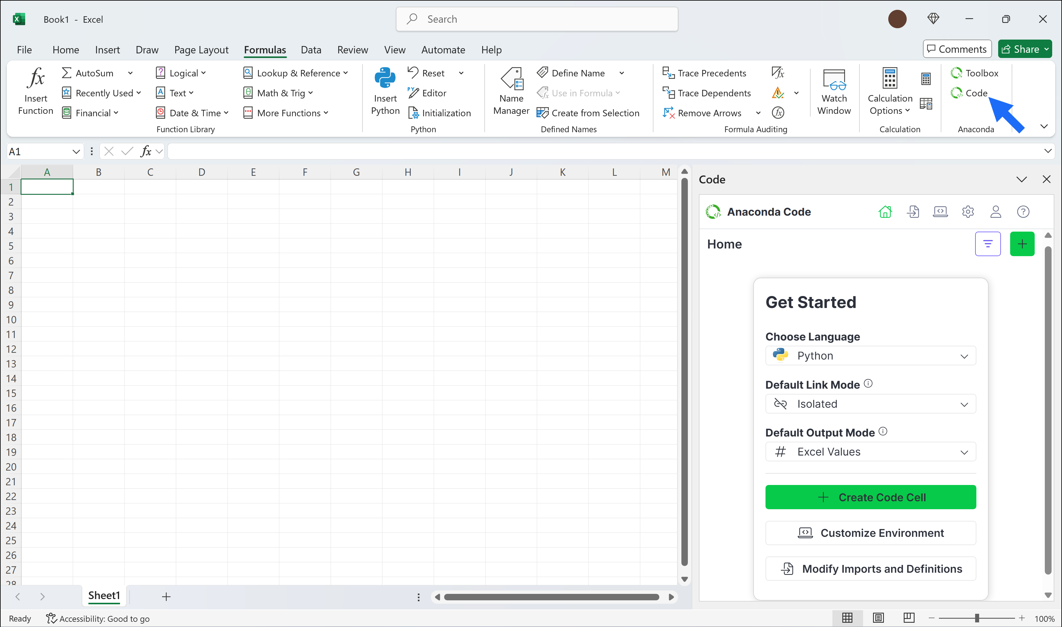 Anaconda Code interface showing Python code editor within Excel