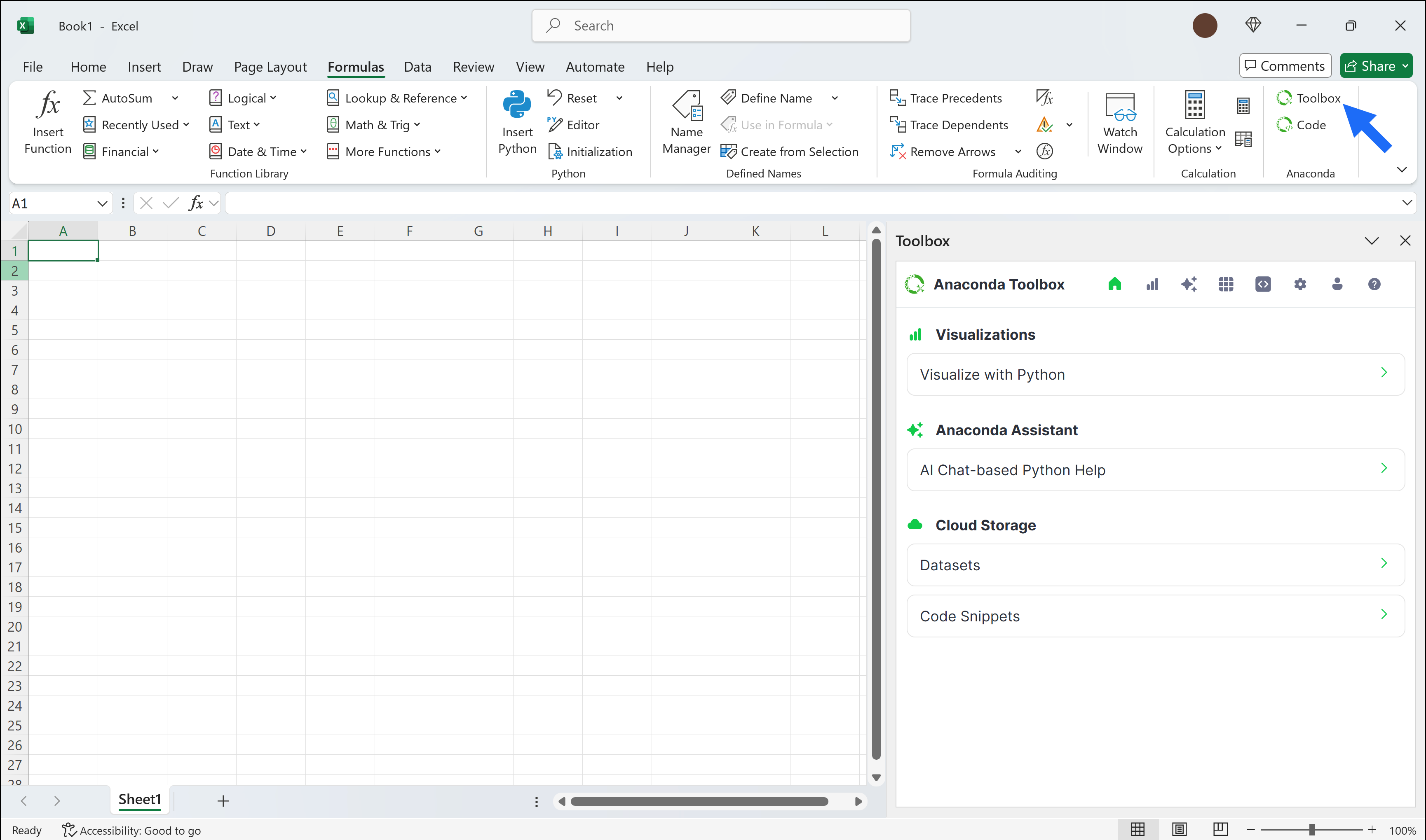 Anaconda Toolbox interface within Excel showing data visualization and analysis tools