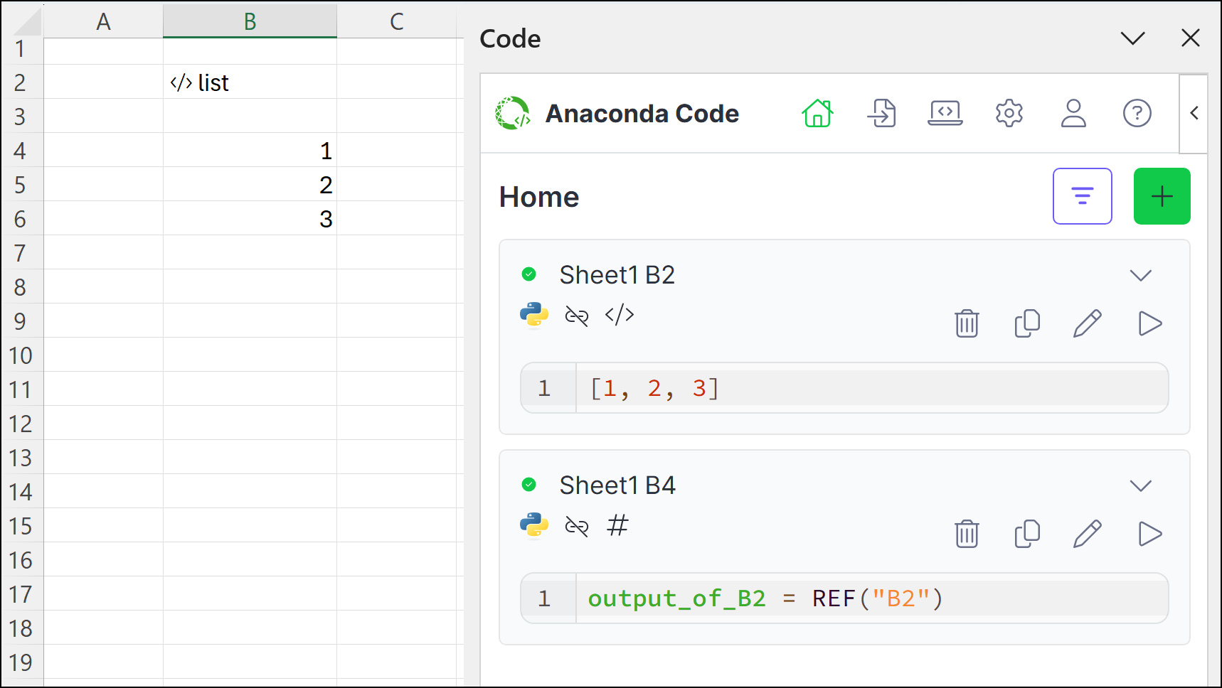 A code cell referencing another cell that outputs a list object