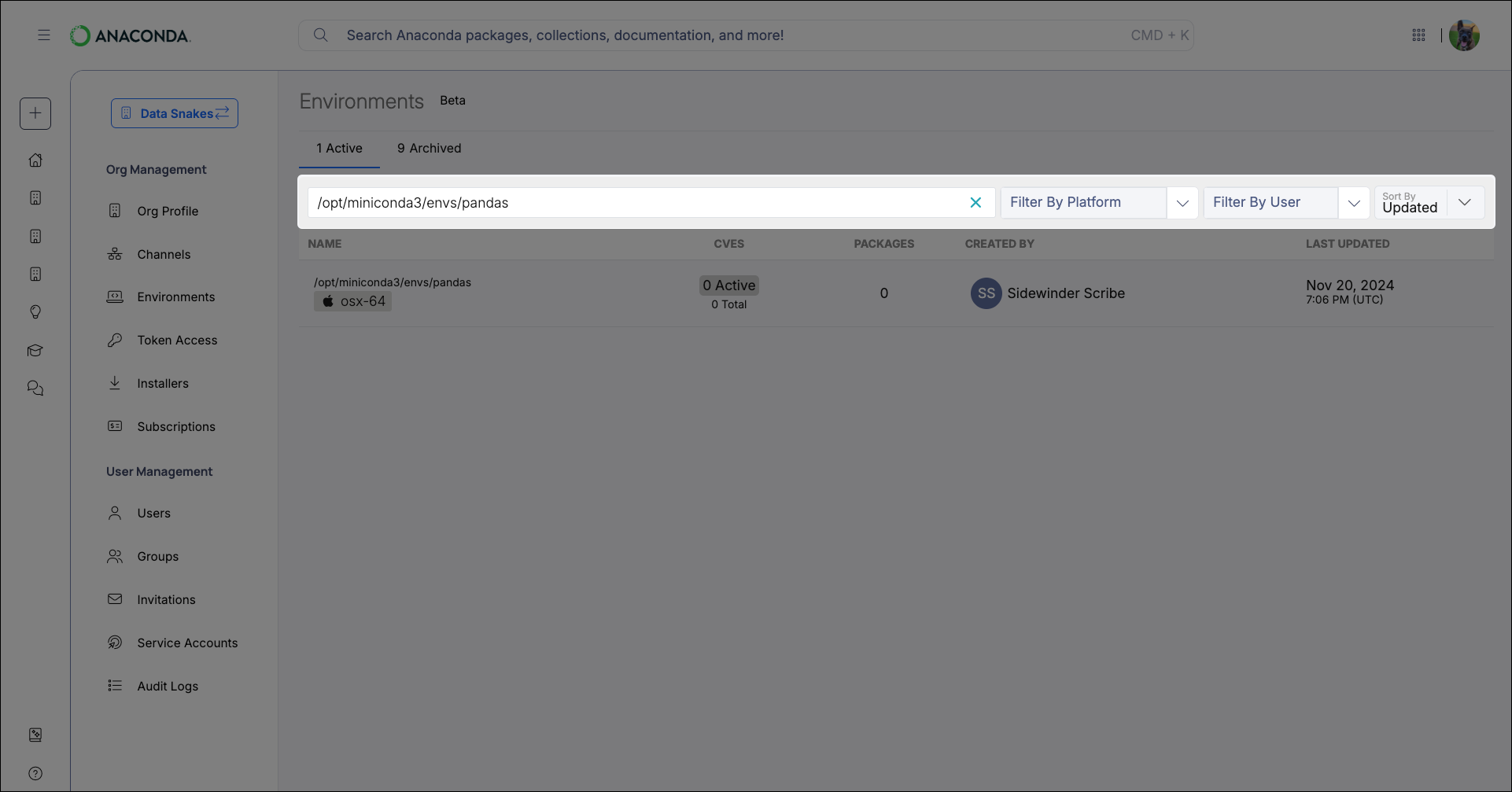 Environment search and filters
