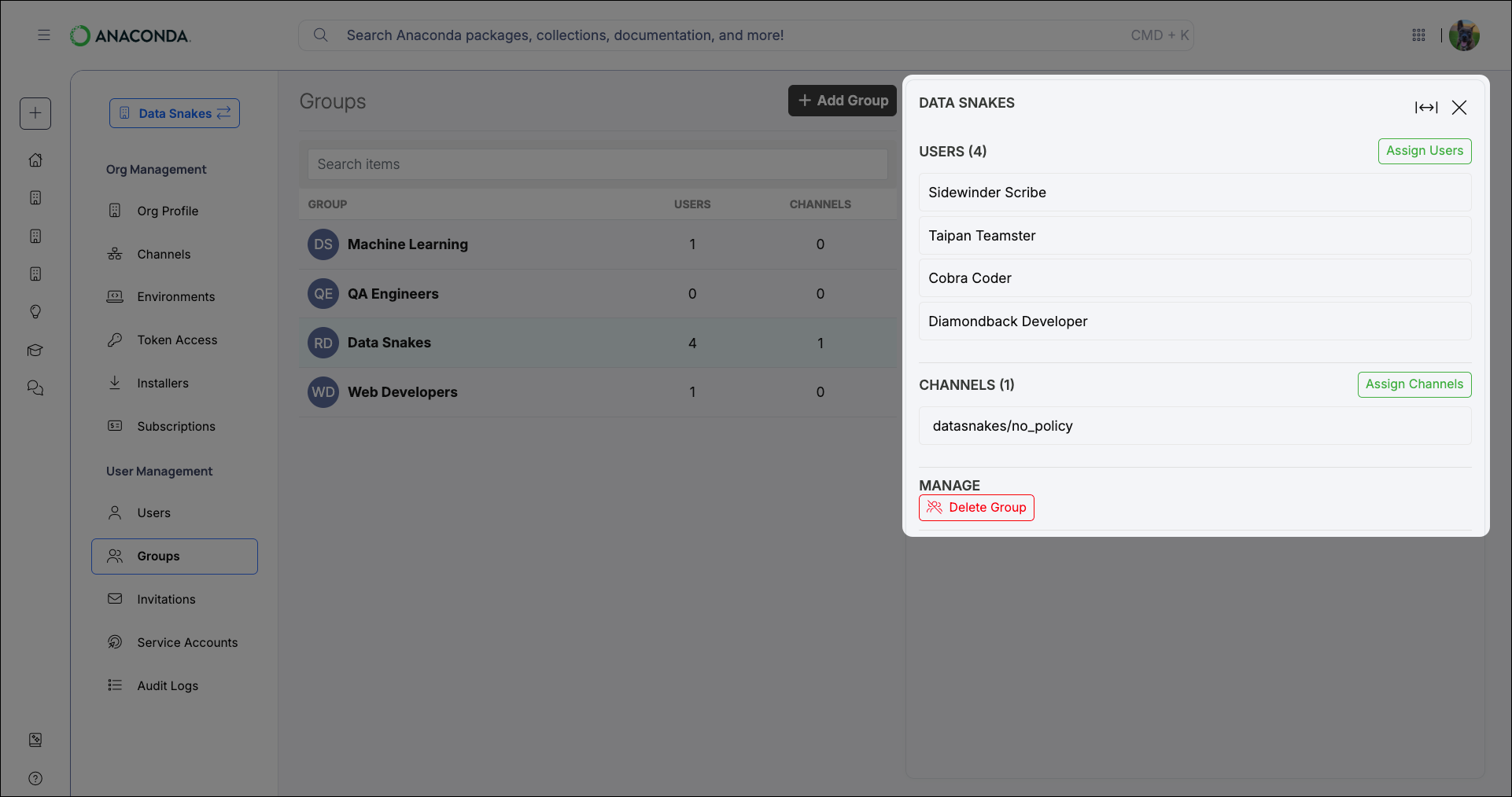 Group panel showing users and channels assigned to the group