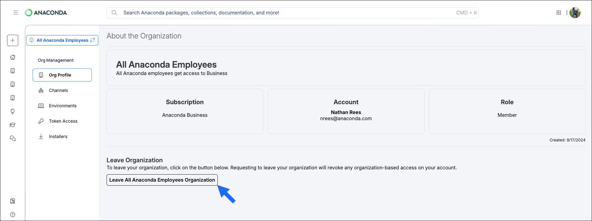 Leave organization button