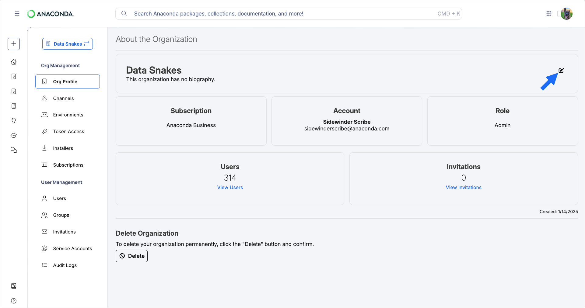 Edit organization settings button