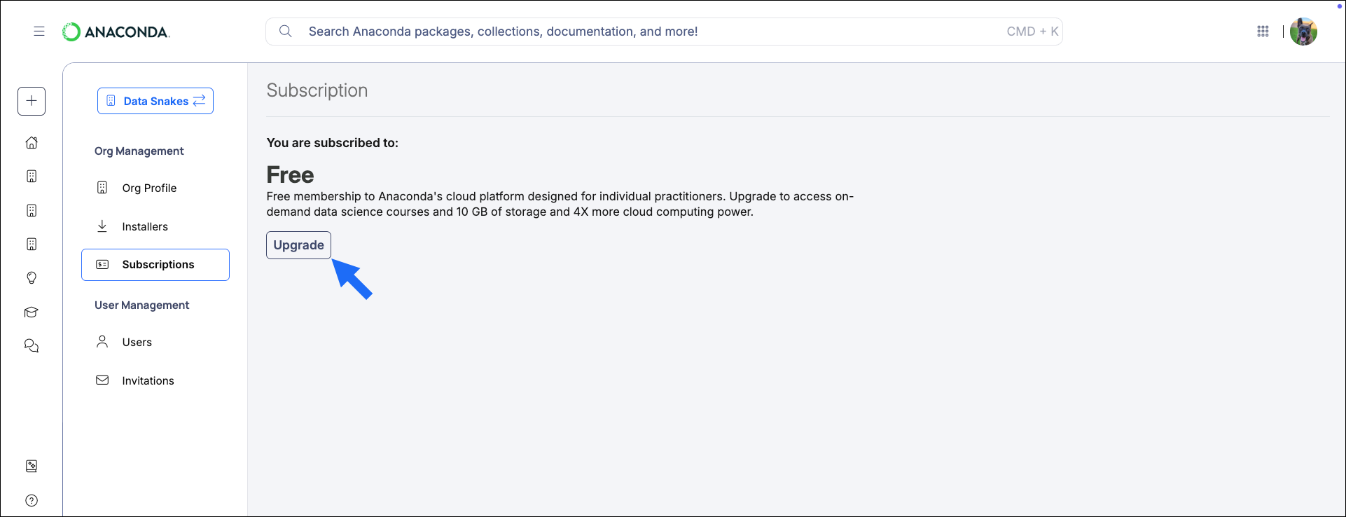 Organization subscriptions page