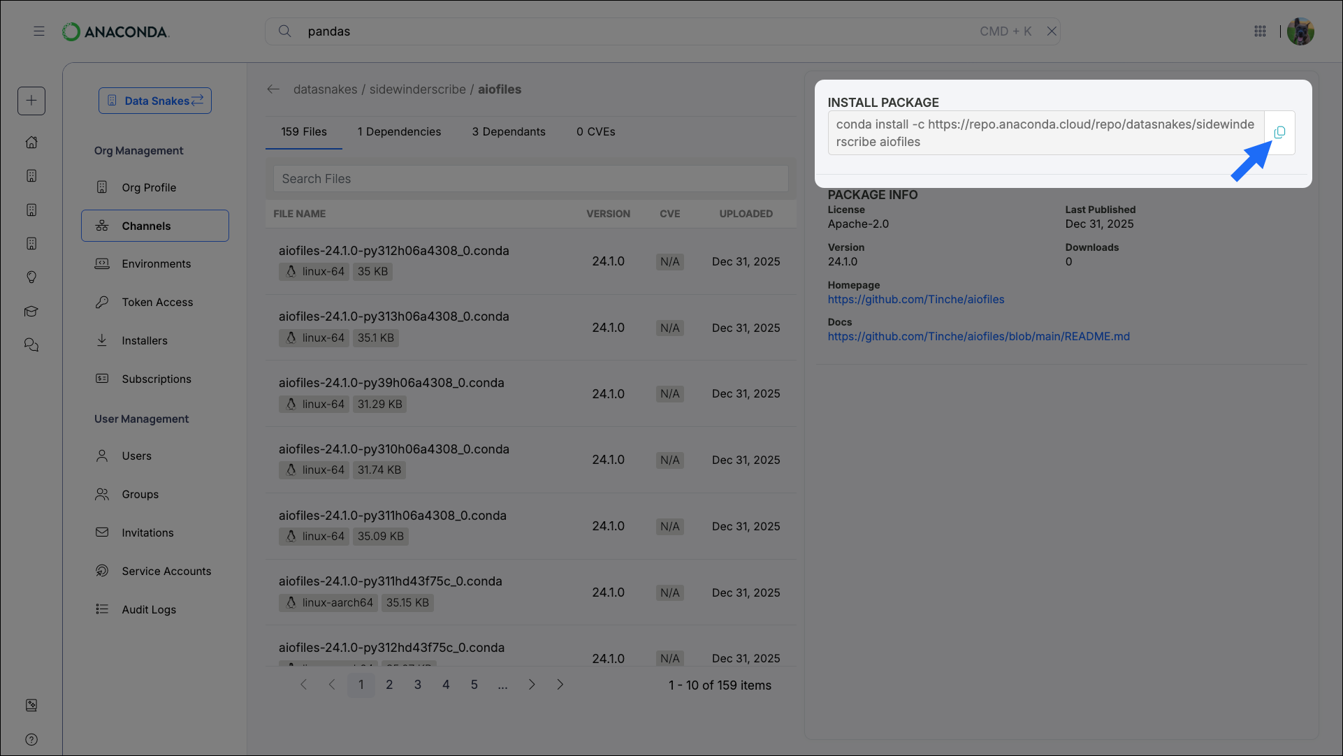Install package from channel command