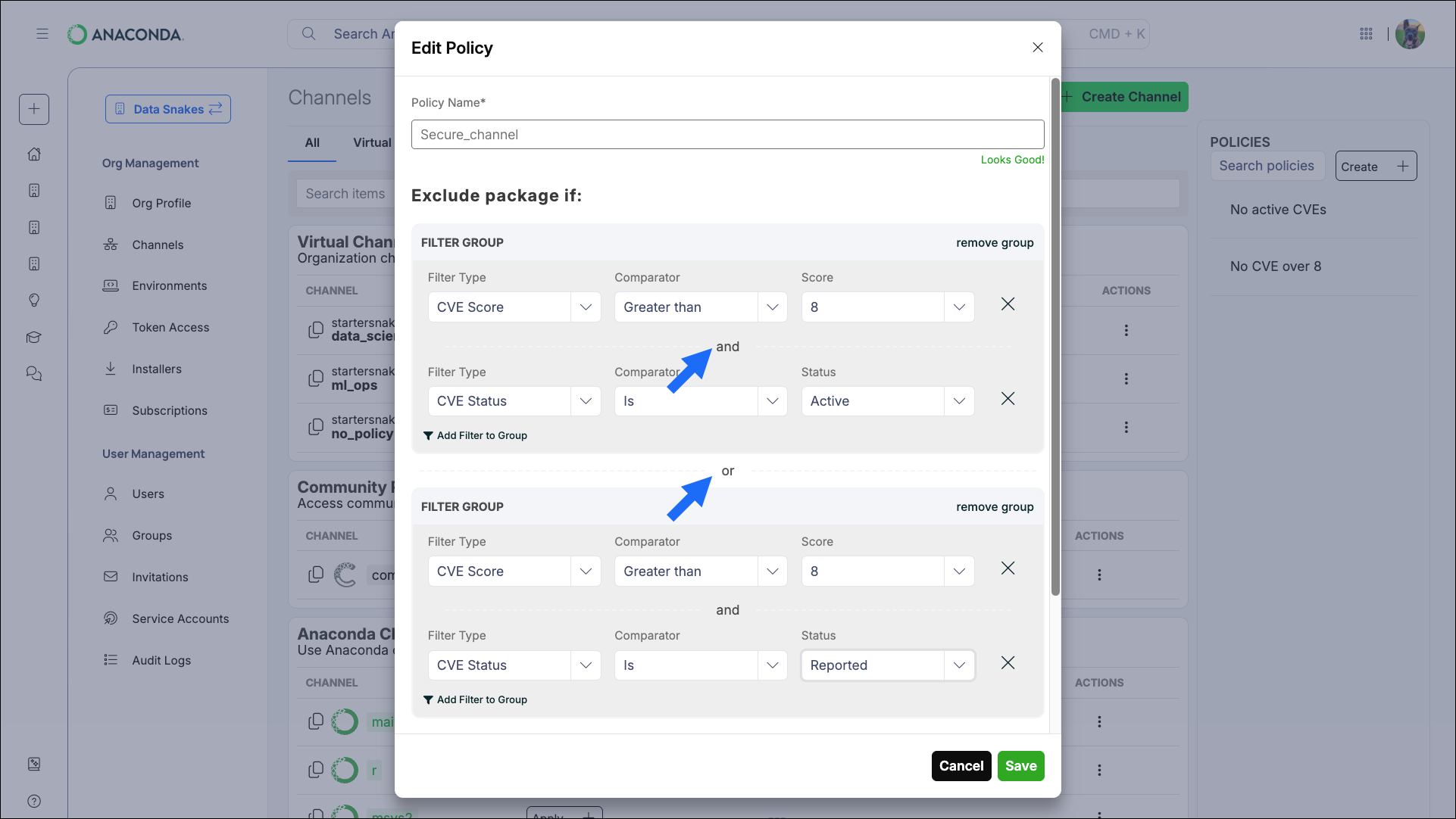 Policy filter and or operators