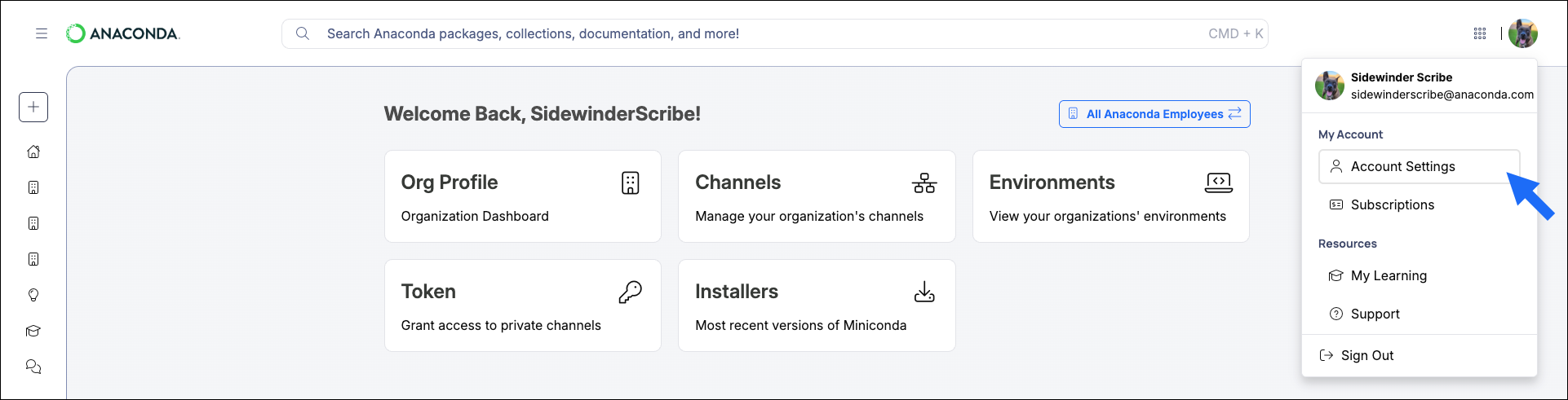 User account settings navigation
