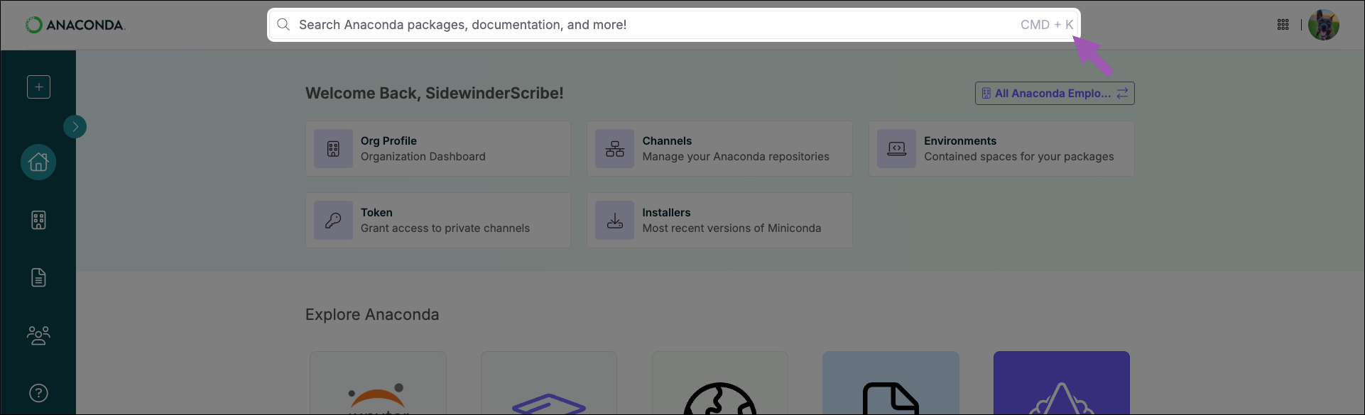 Spotlighting the search bar at the top of anaconda.com/app