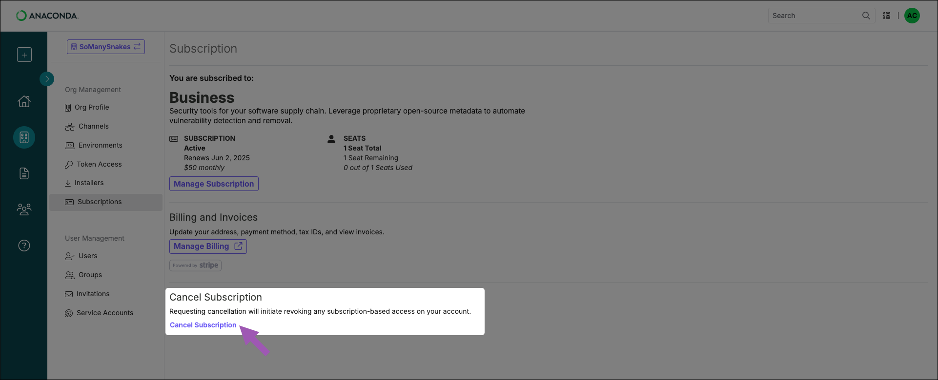 organization subscriptions page cancel subscription link spotlight