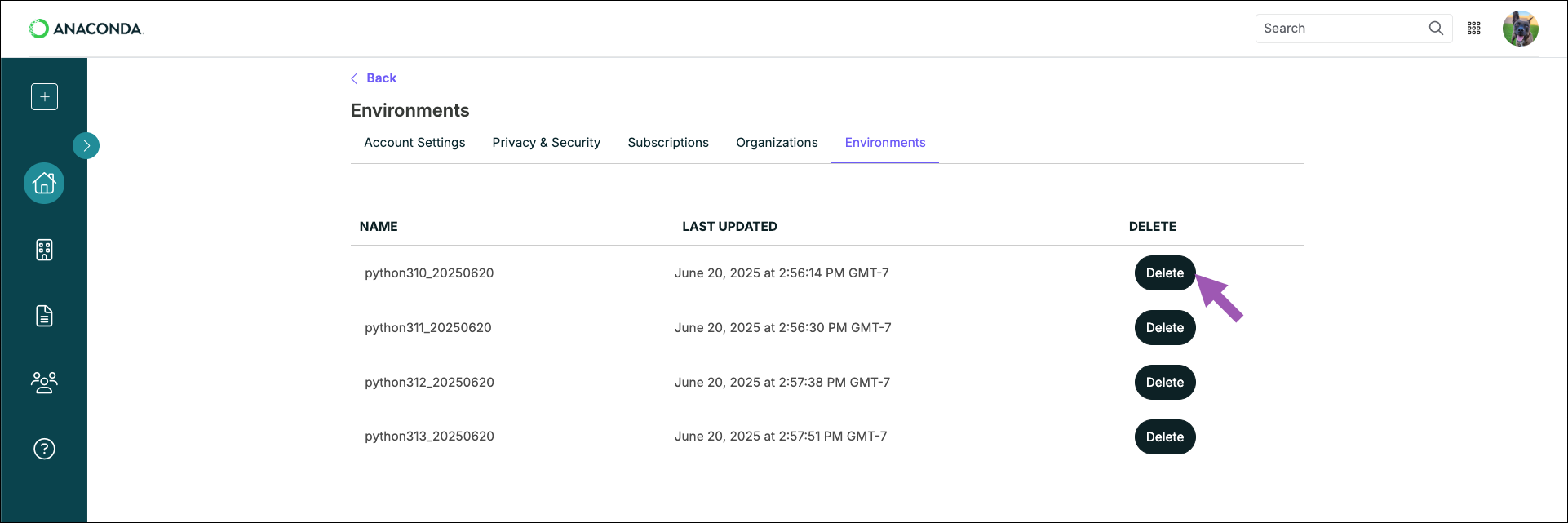 removing an environment from Anaconda.com