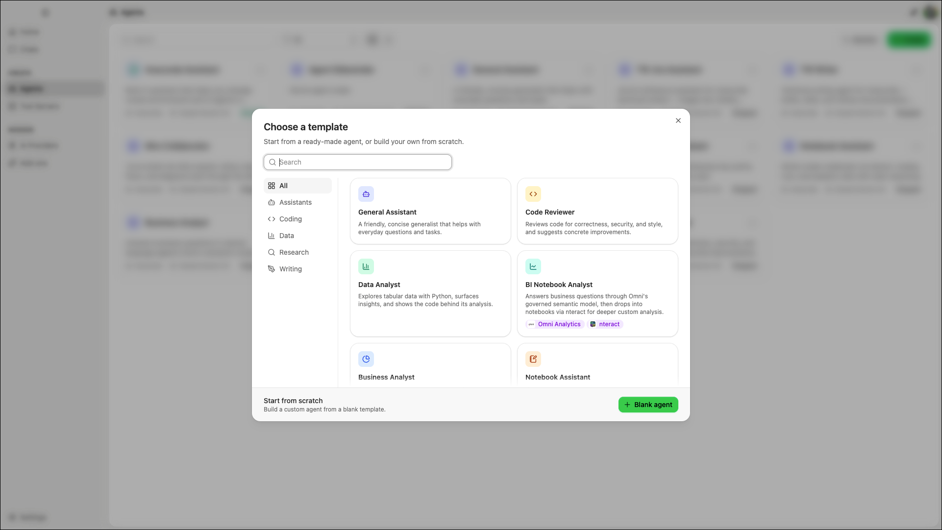Choose a template dialog showing agent templates organized by category