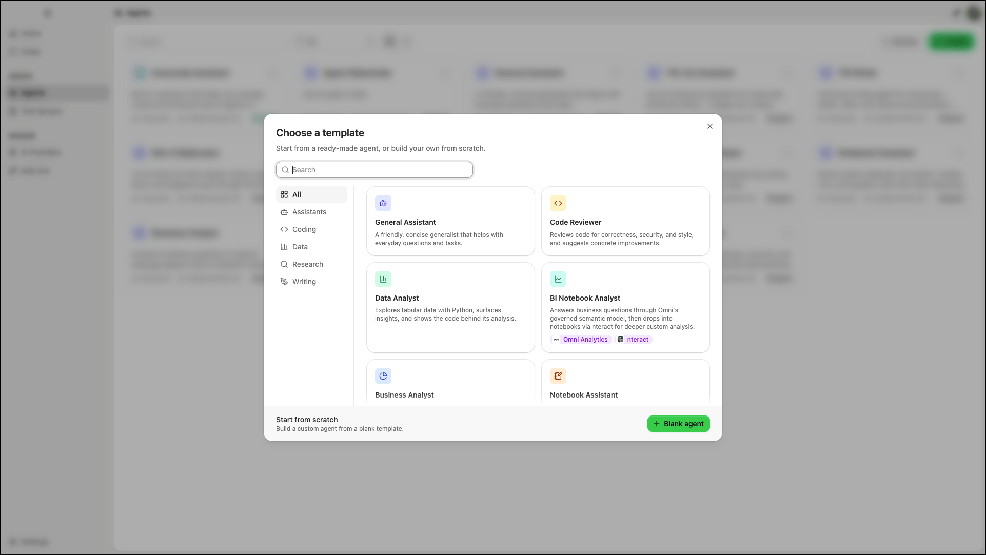 Choose a template dialog showing agent templates organized by category
