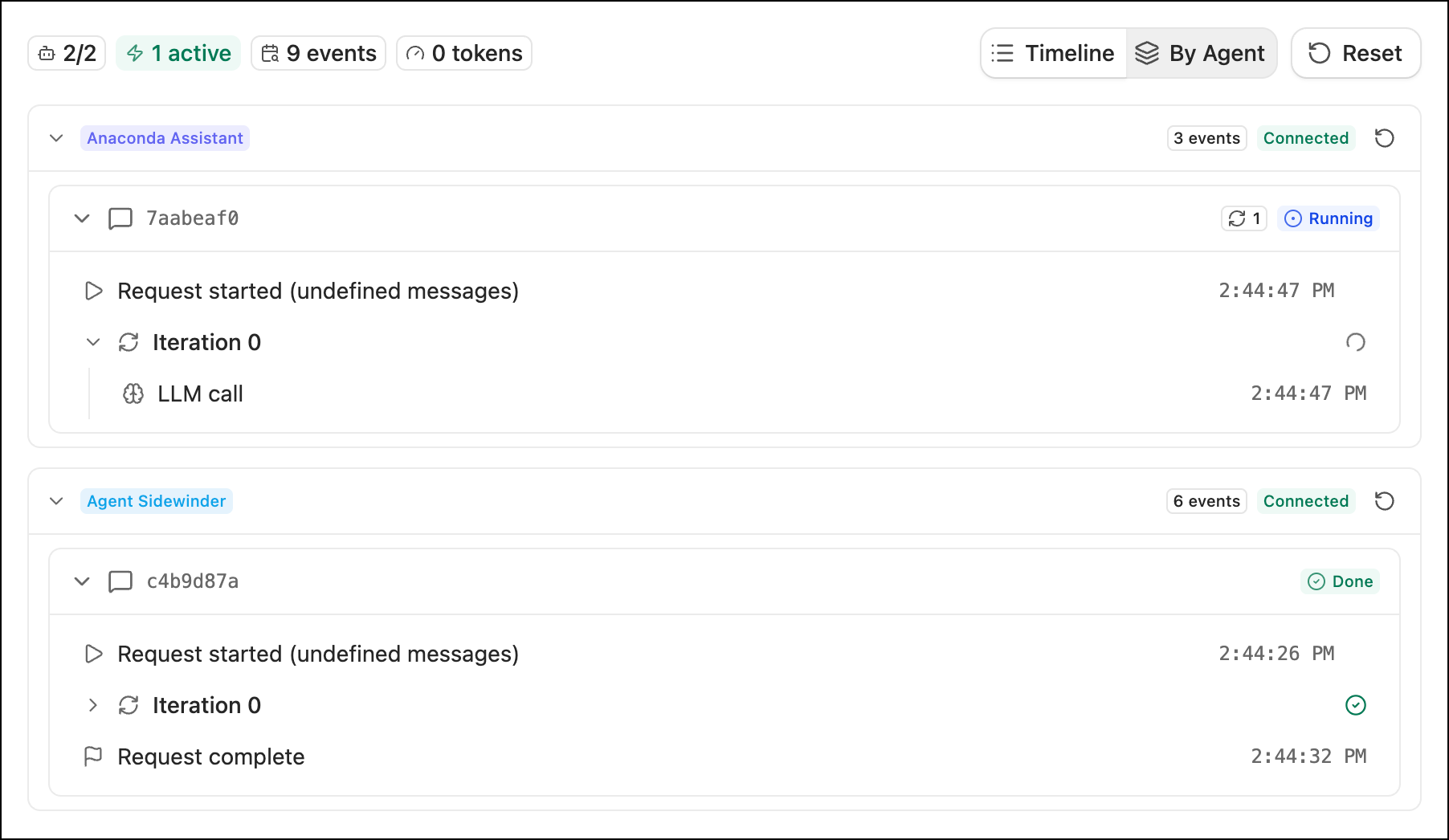 Agent Monitor window showing connected agents organized by agent with event counts and connection status