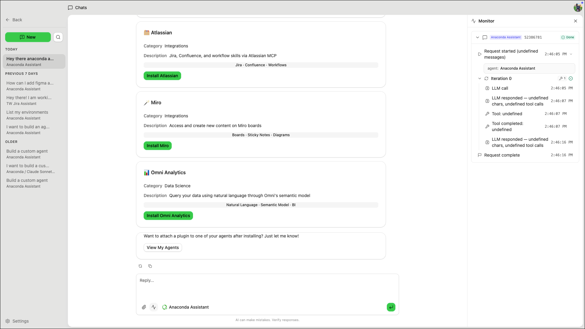 Chat window with the Agent Monitor panel open on the right side showing activity for the current conversation