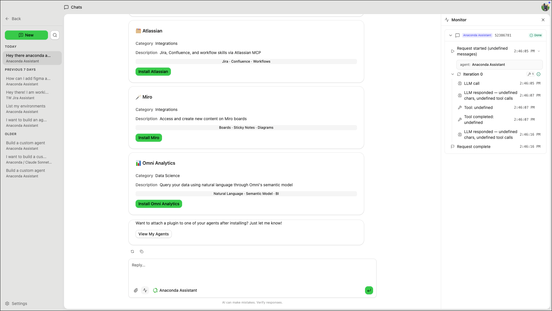 Chat window with the Agent Monitor panel open on the right side showing activity for the current conversation