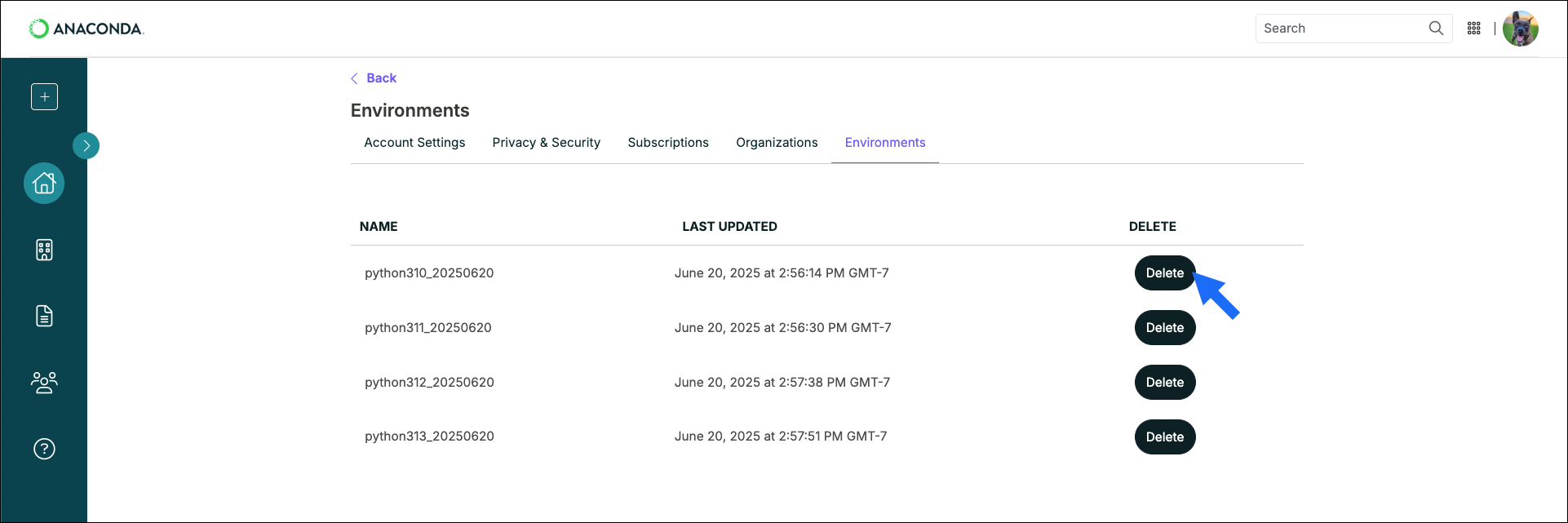 removing an environment from Anaconda.com