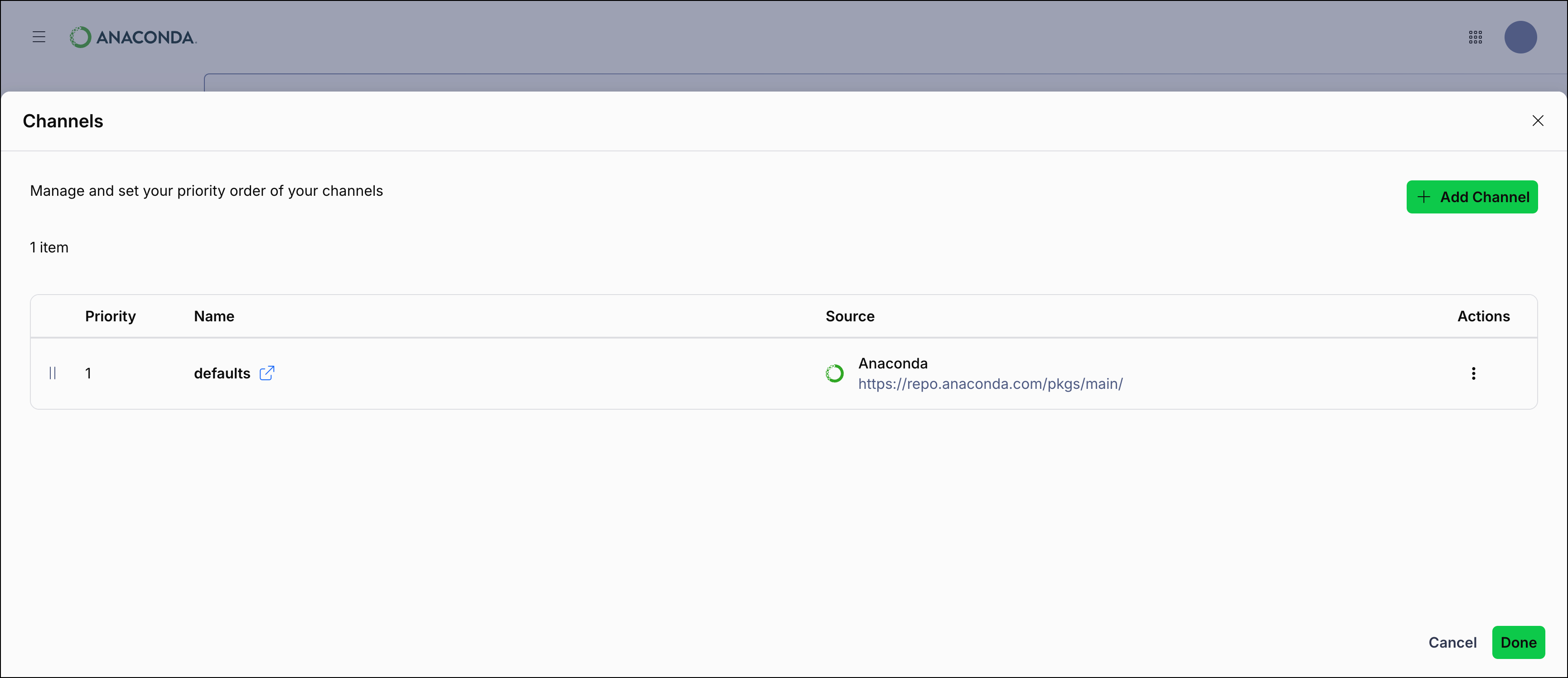 Channels page in Anaconda Desktop