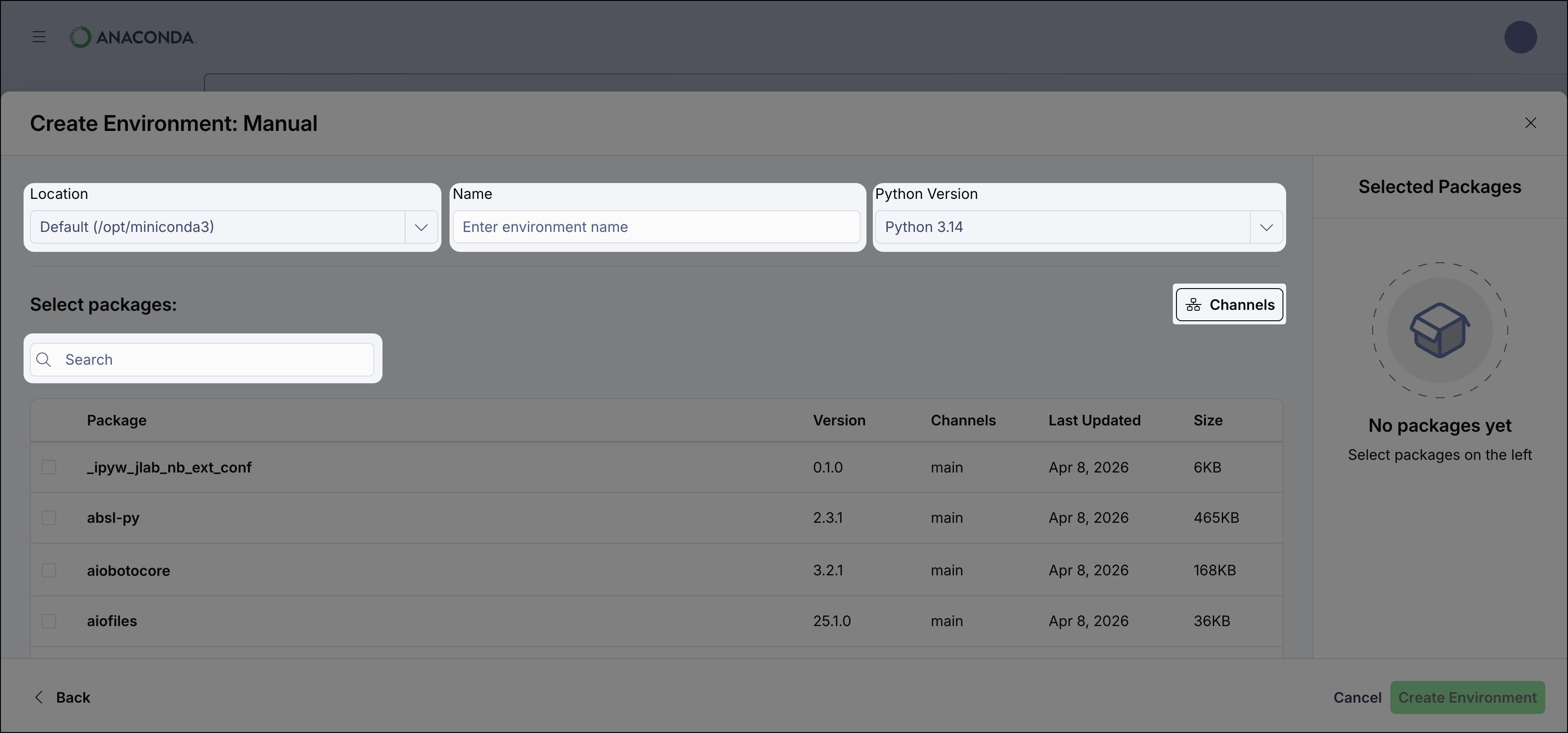 Desktop showing the environment configuration options