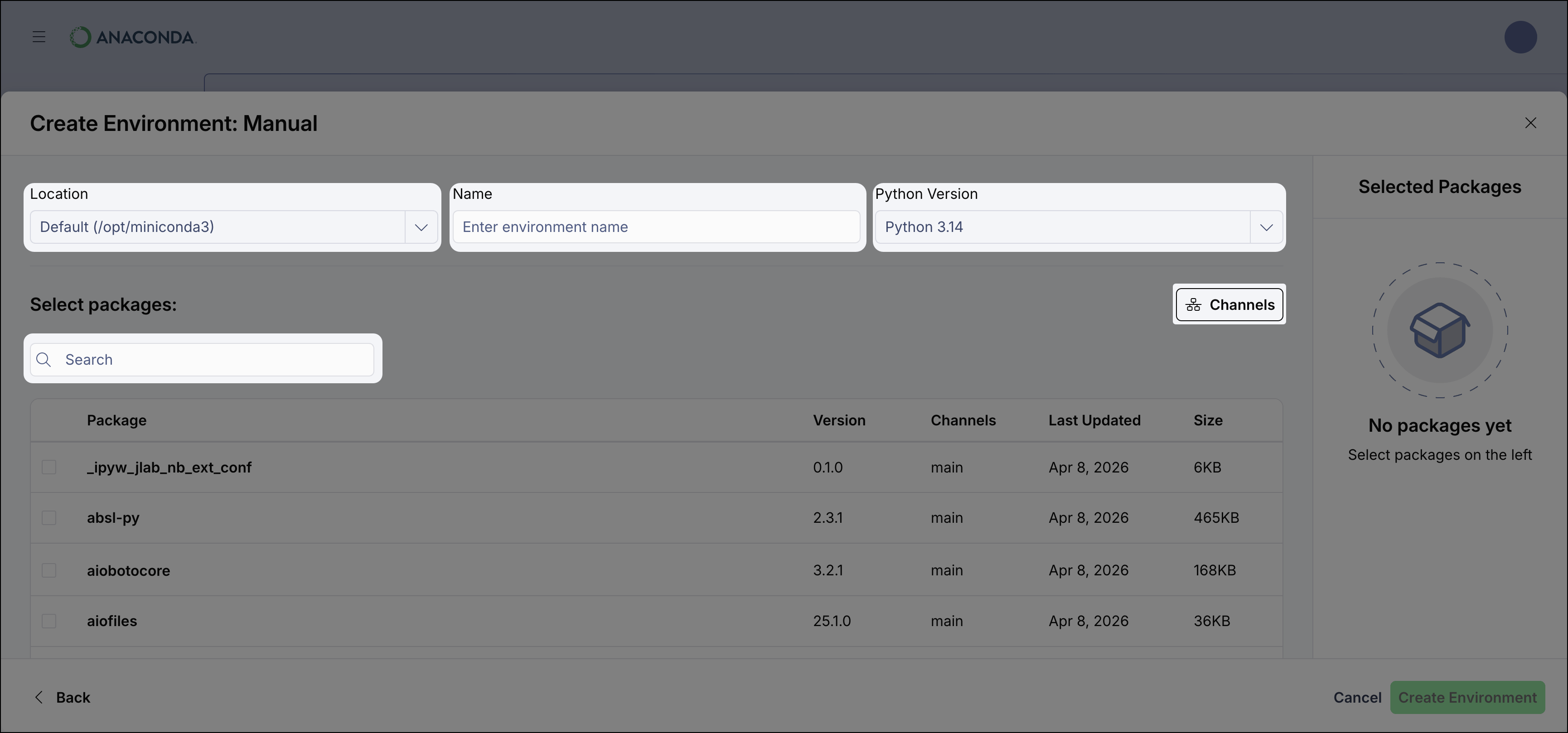 Desktop showing the environment configuration options