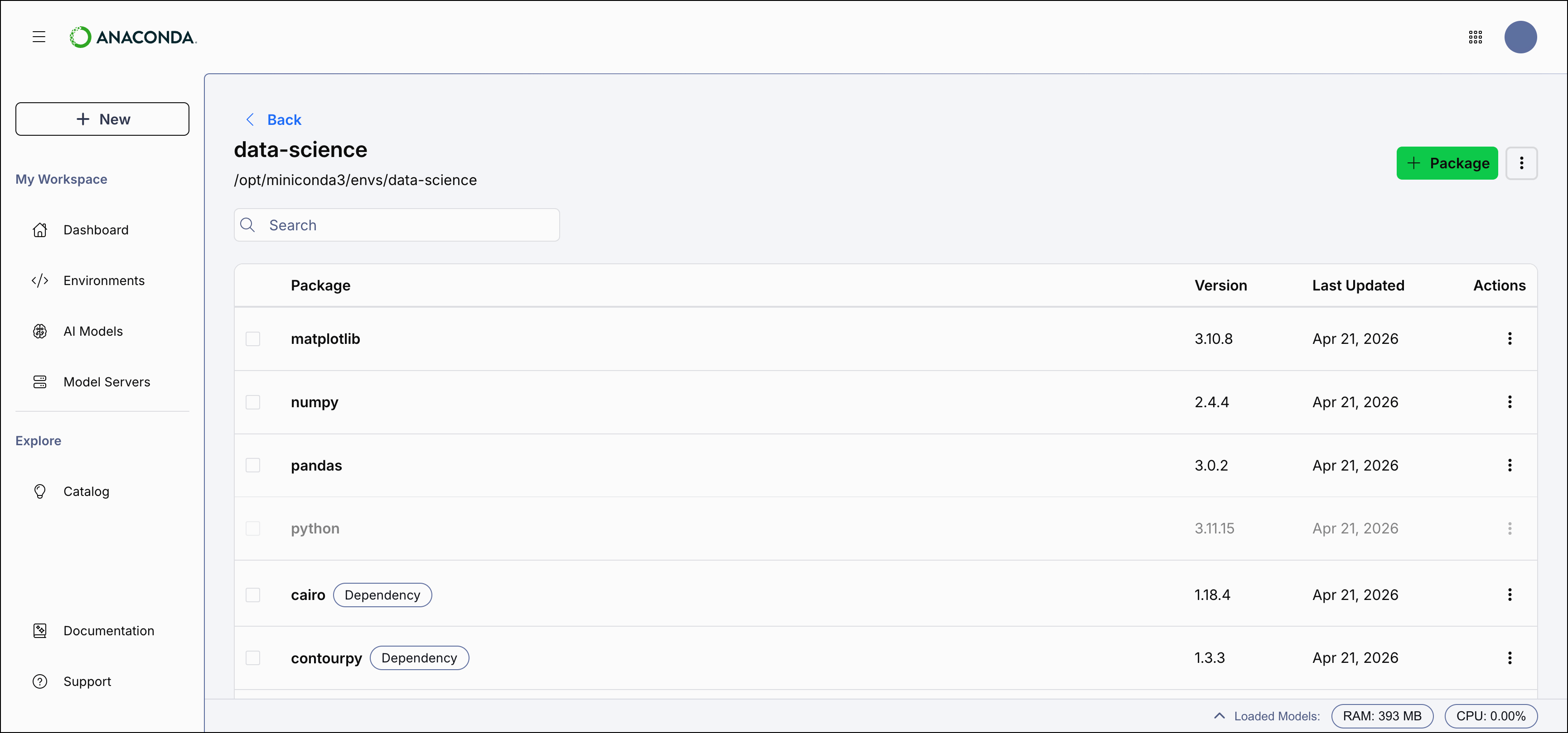 Anaconda Desktop showing the details page for an environment