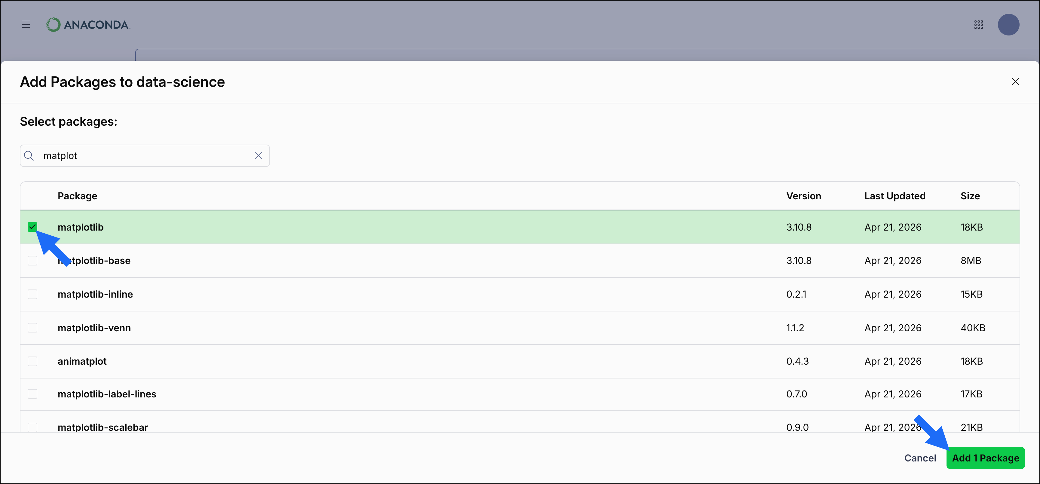 Anaconda Desktop showing the add package button and search box