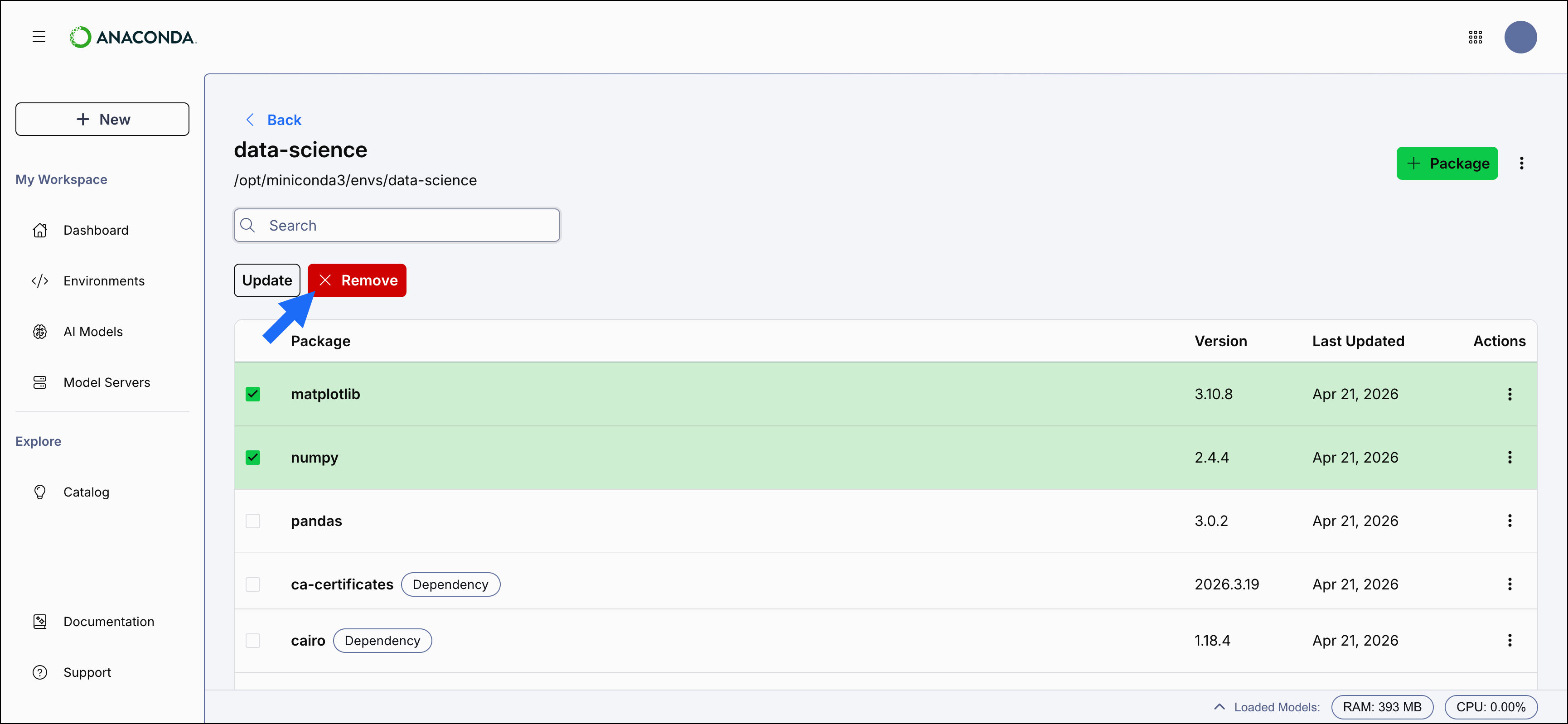 Anaconda Desktop showing the remove multiple packages button and search box