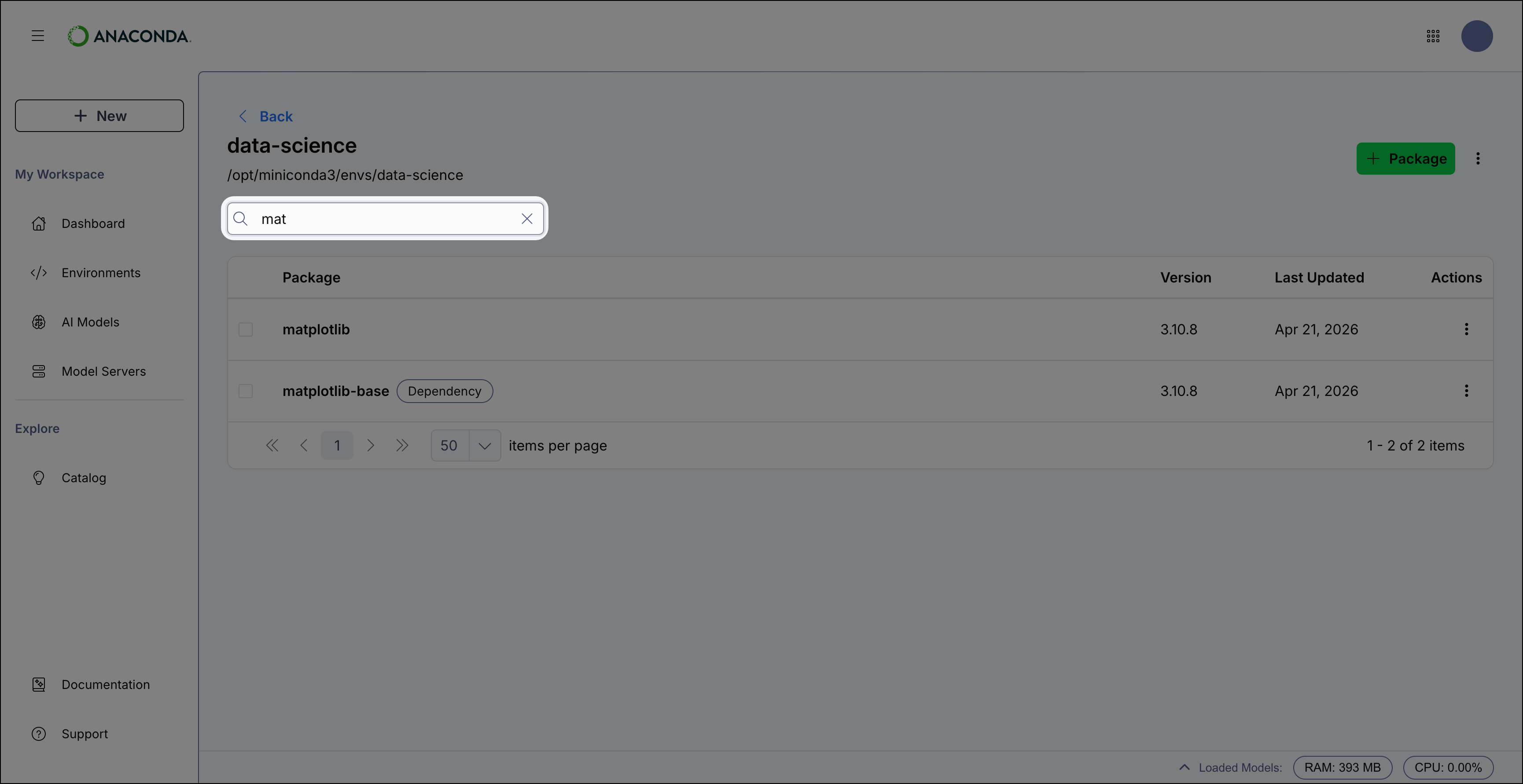 Anaconda Desktop showing the search box for packages
